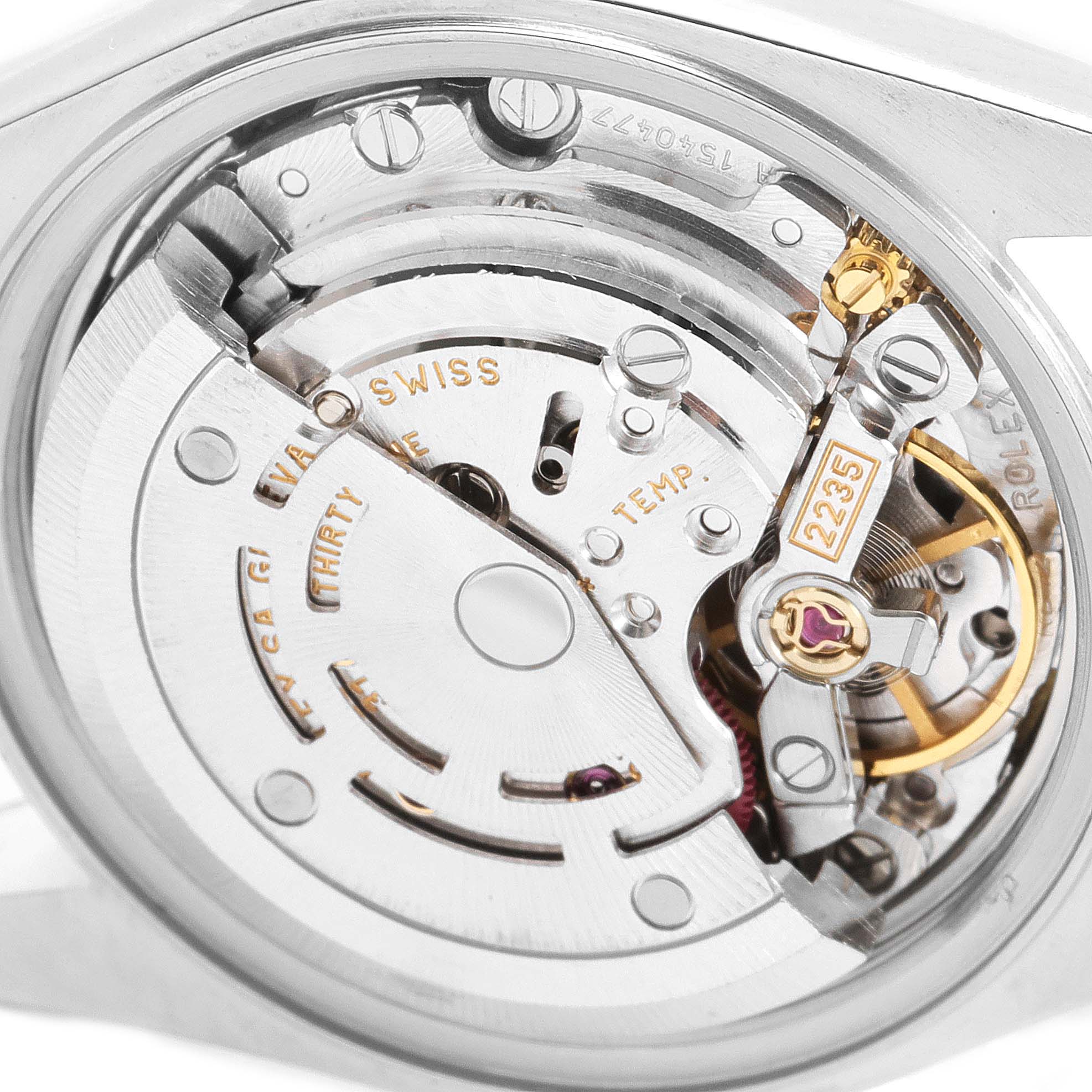 This image shows the internal movement mechanism of a Rolex Datejust 79173 Women
s Steel and Gold (two tone) Champagne Dial 79173 Women
s Steel and Gold (two tone) Champagne Dial watch from a rear angle.