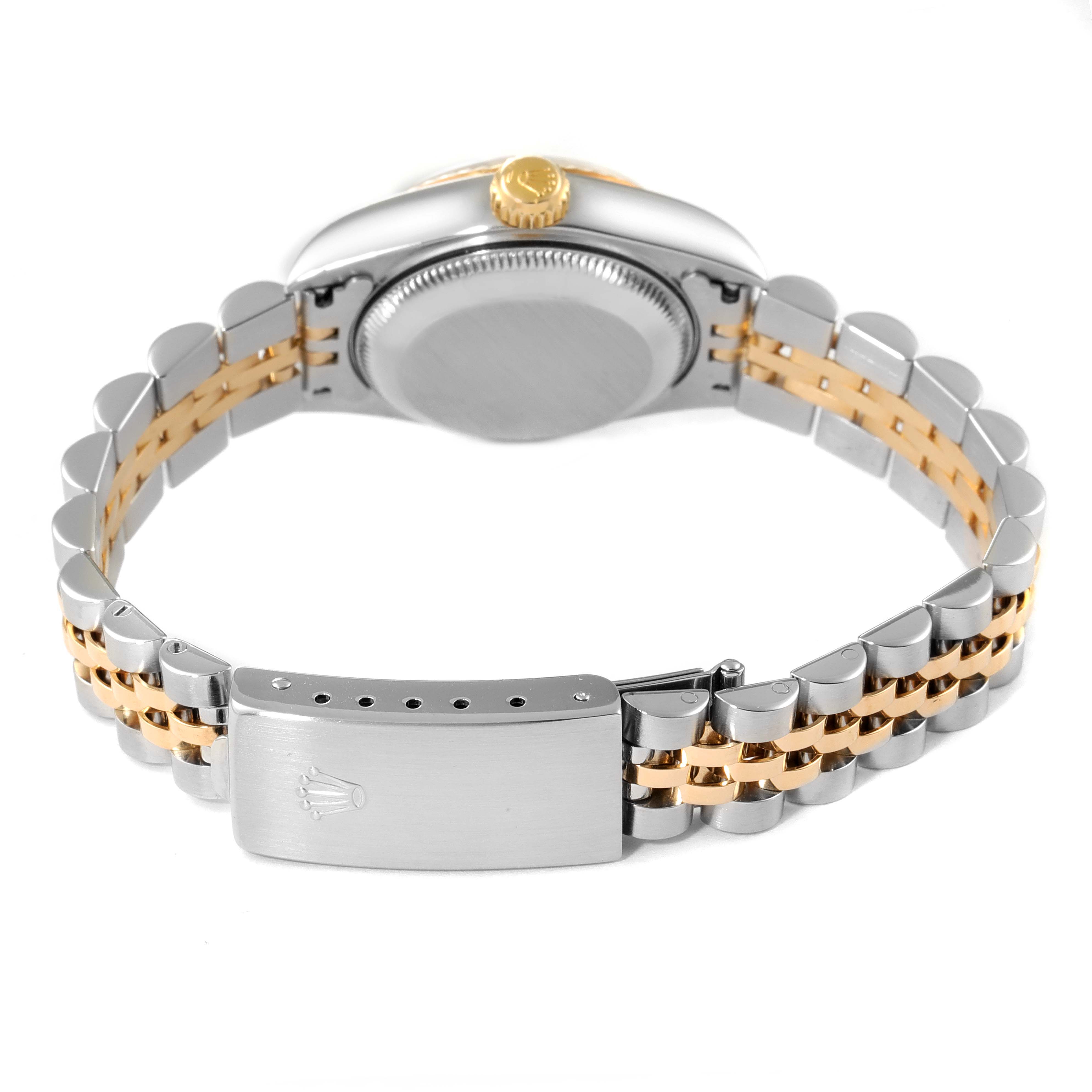This Rolex Datejust 79173 Women
s Steel and Gold (two tone) Champagne Dial 79173 Women
s Steel and Gold (two tone) Champagne Dial watch is shown from the back, highlighting the bracelet, clasp, and case back.