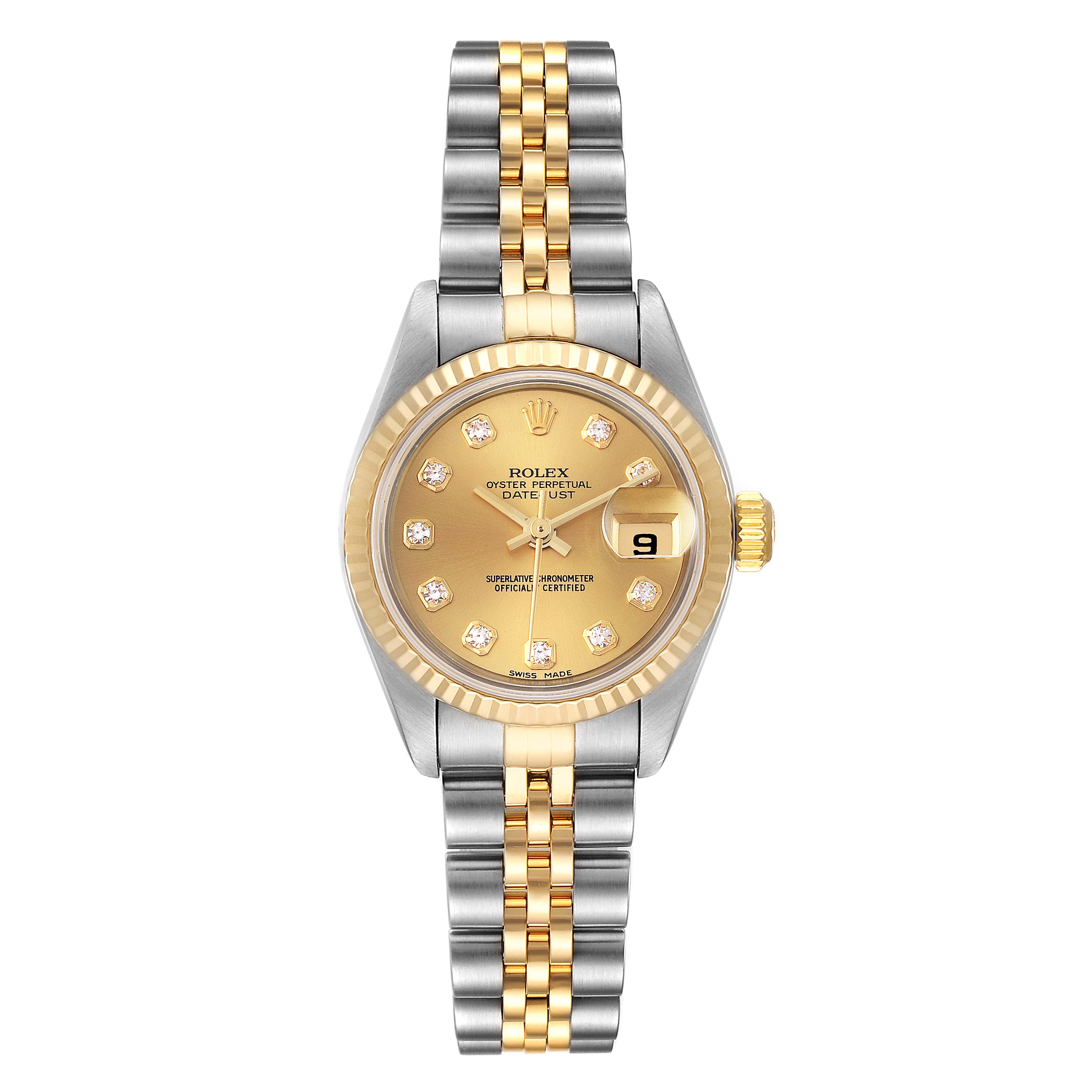The image shows a Rolex Datejust 79173 Women
s Steel and Gold (two tone) Champagne Dial 79173 Women
s Steel and Gold (two tone) Champagne Dial watch from a frontal angle, highlighting the dial, case, and two-tone bracelet.