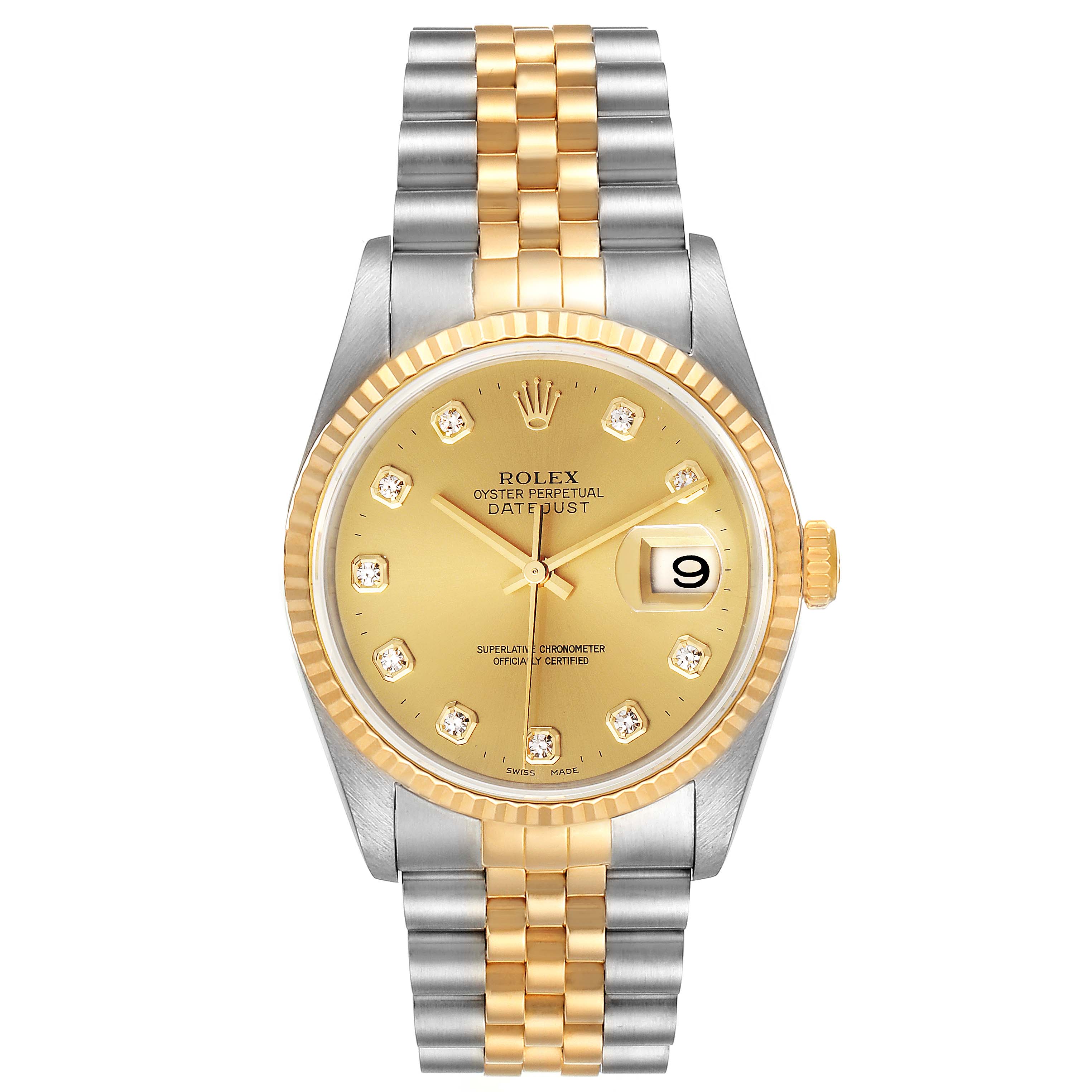 The image shows a frontal view of a Rolex Datejust 16233 Men's Steel and Gold (two tone) Champagne Dial 16233 Men's Steel and Gold (two tone) Champagne Dial watch, highlighting its gold and silver bracelet, dial, and fluted bezel.