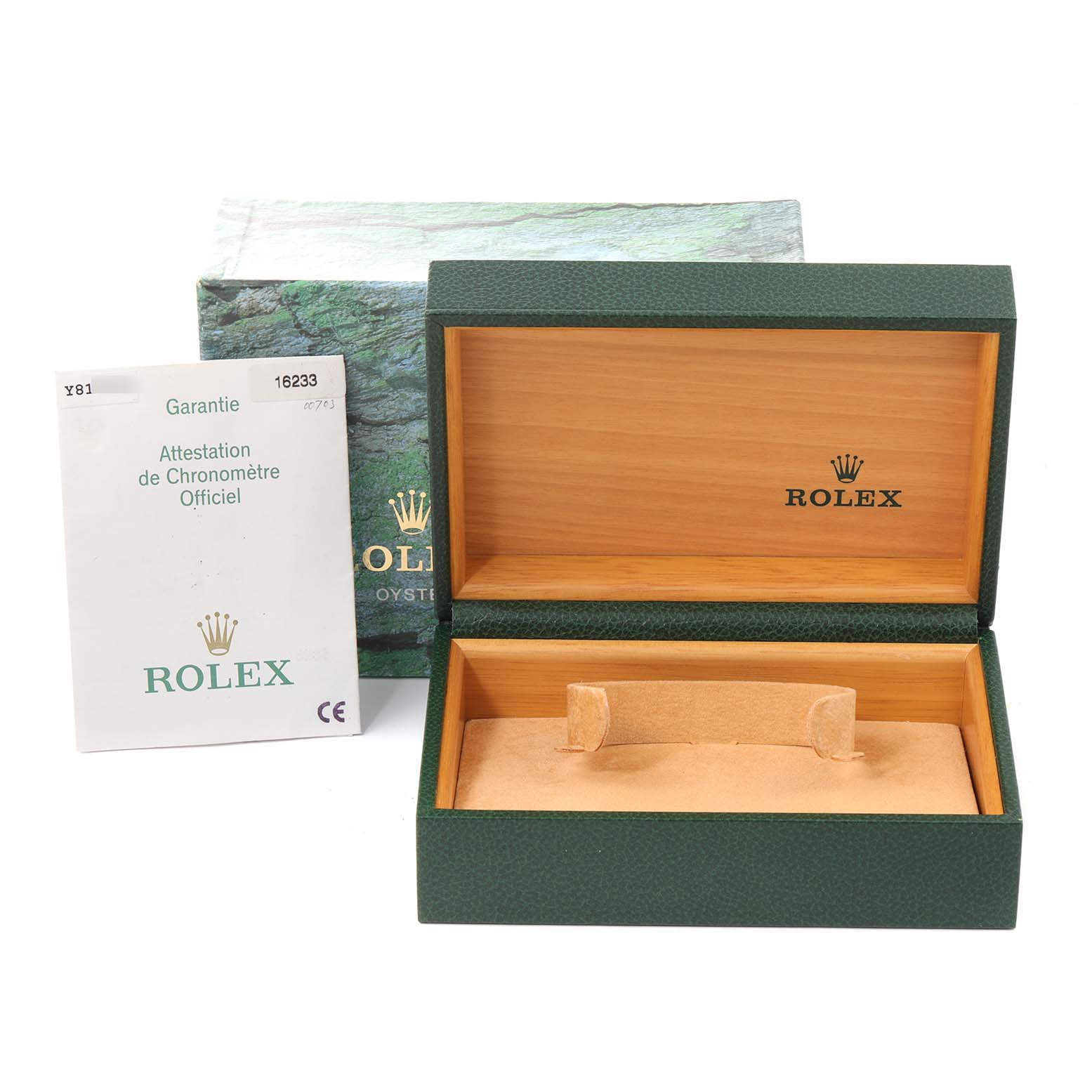 The image shows an empty Rolex Datejust 16233 Men's Steel and Gold (two tone) Champagne Dial 16233 Men's Steel and Gold (two tone) Champagne Dial watch box, a warranty card, and an outer box.