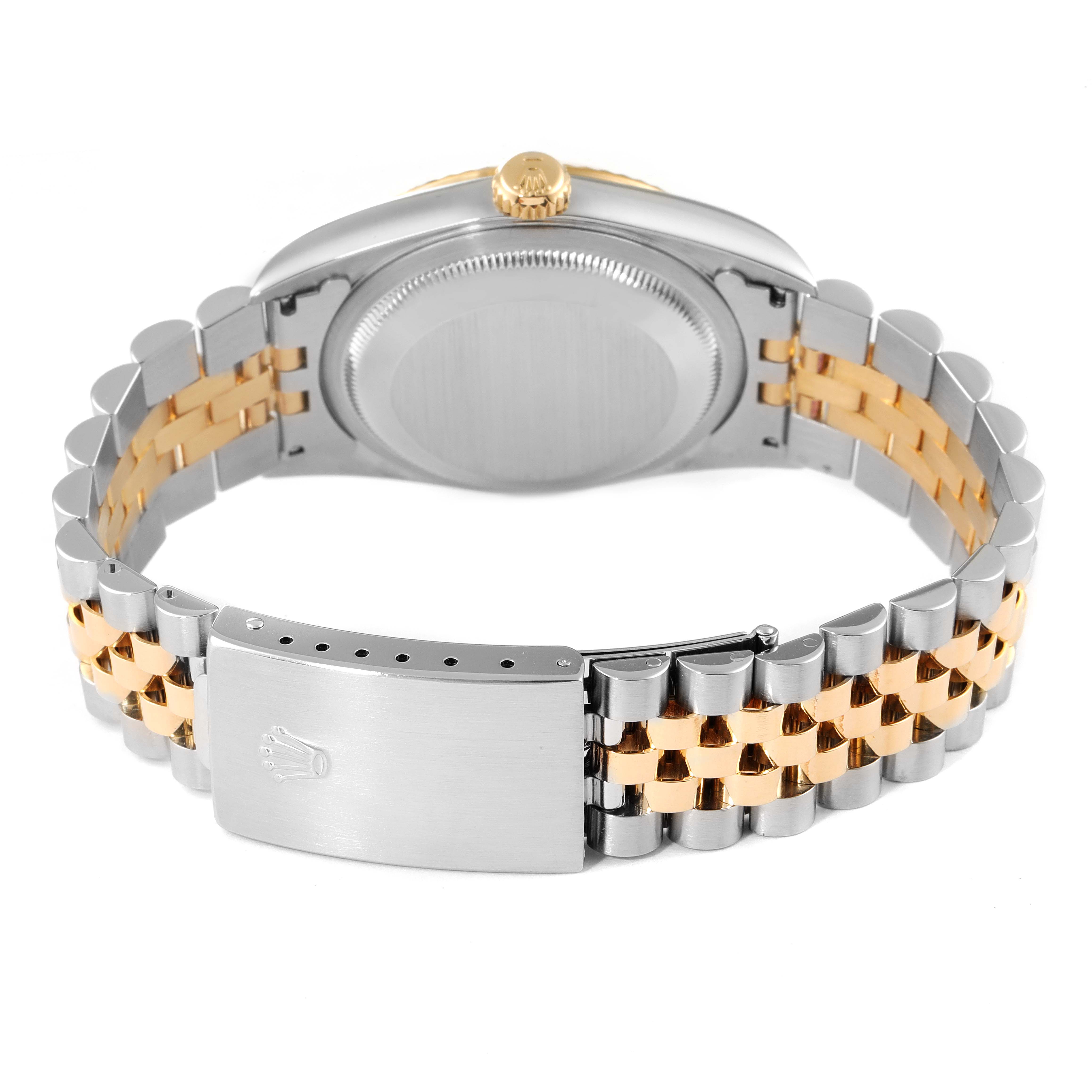 The image shows the back of a Rolex Datejust 16233 Men's Steel and Gold (two tone) Champagne Dial 16233 Men's Steel and Gold (two tone) Champagne Dial watch, highlighting the bracelet and clasp.
