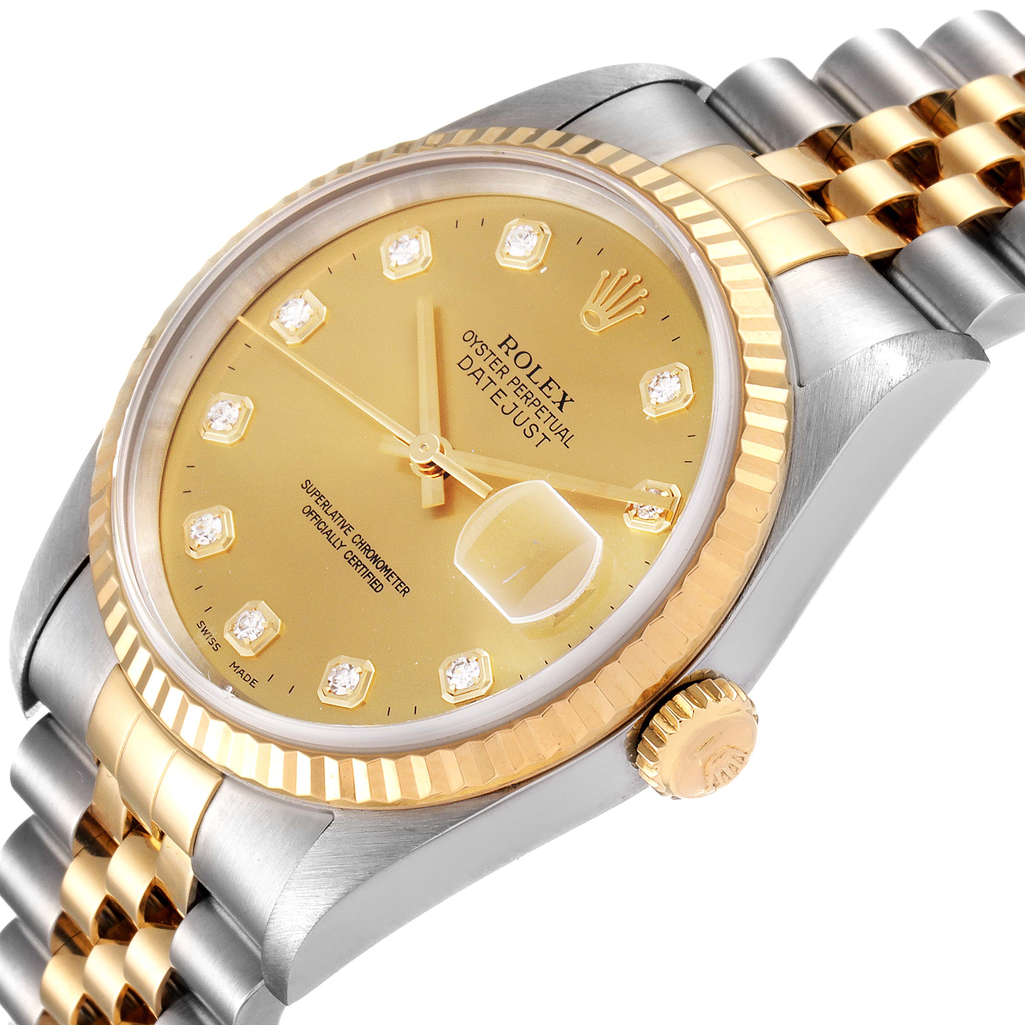 The image shows the dial, bezel, crown, and bracelet of a Rolex Datejust 16233 Men's Steel and Gold (two tone) Champagne Dial 16233 Men's Steel and Gold (two tone) Champagne Dial watch at an angled side view.