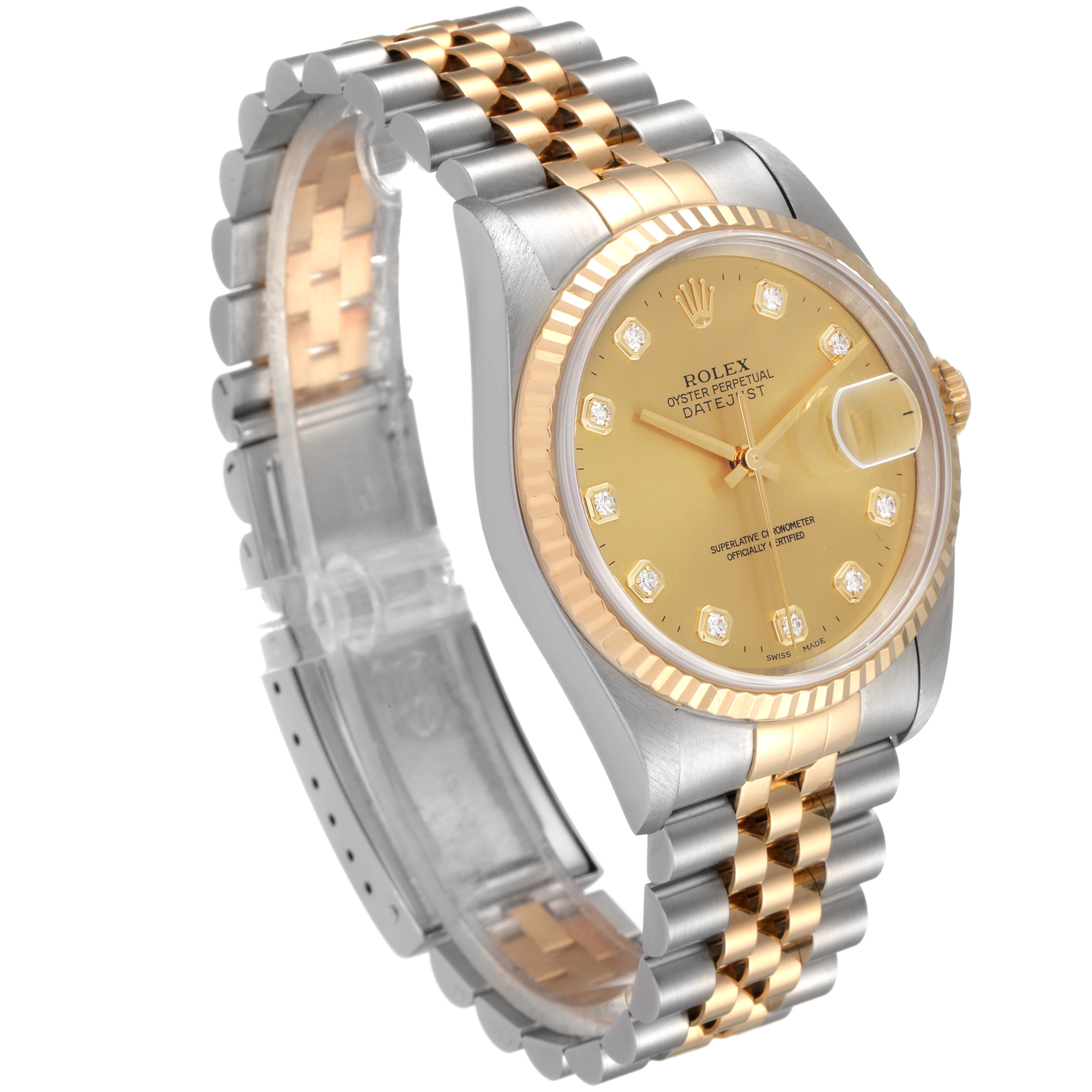 This Rolex Datejust 16233 Men's Steel and Gold (two tone) Champagne Dial 16233 Men's Steel and Gold (two tone) Champagne Dial watch is shown from a front-side angle highlighting its champagne dial, Jubilee bracelet, and fluted bezel.