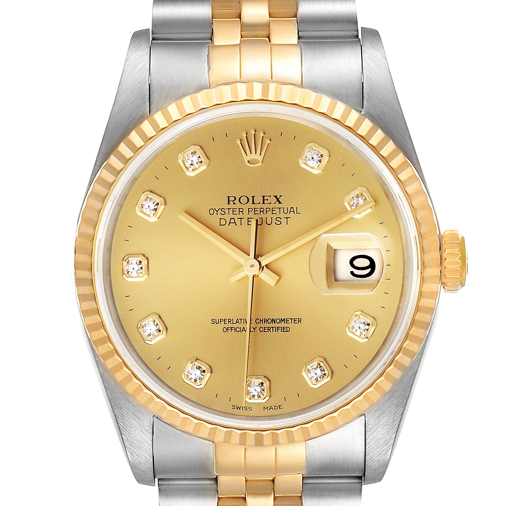 This image shows a front view of the Rolex Datejust 16233 Men's Steel and Gold (two tone) Champagne Dial 16233 Men's Steel and Gold (two tone) Champagne Dial watch with a gold dial, diamond hour markers, and a two-tone bracelet.