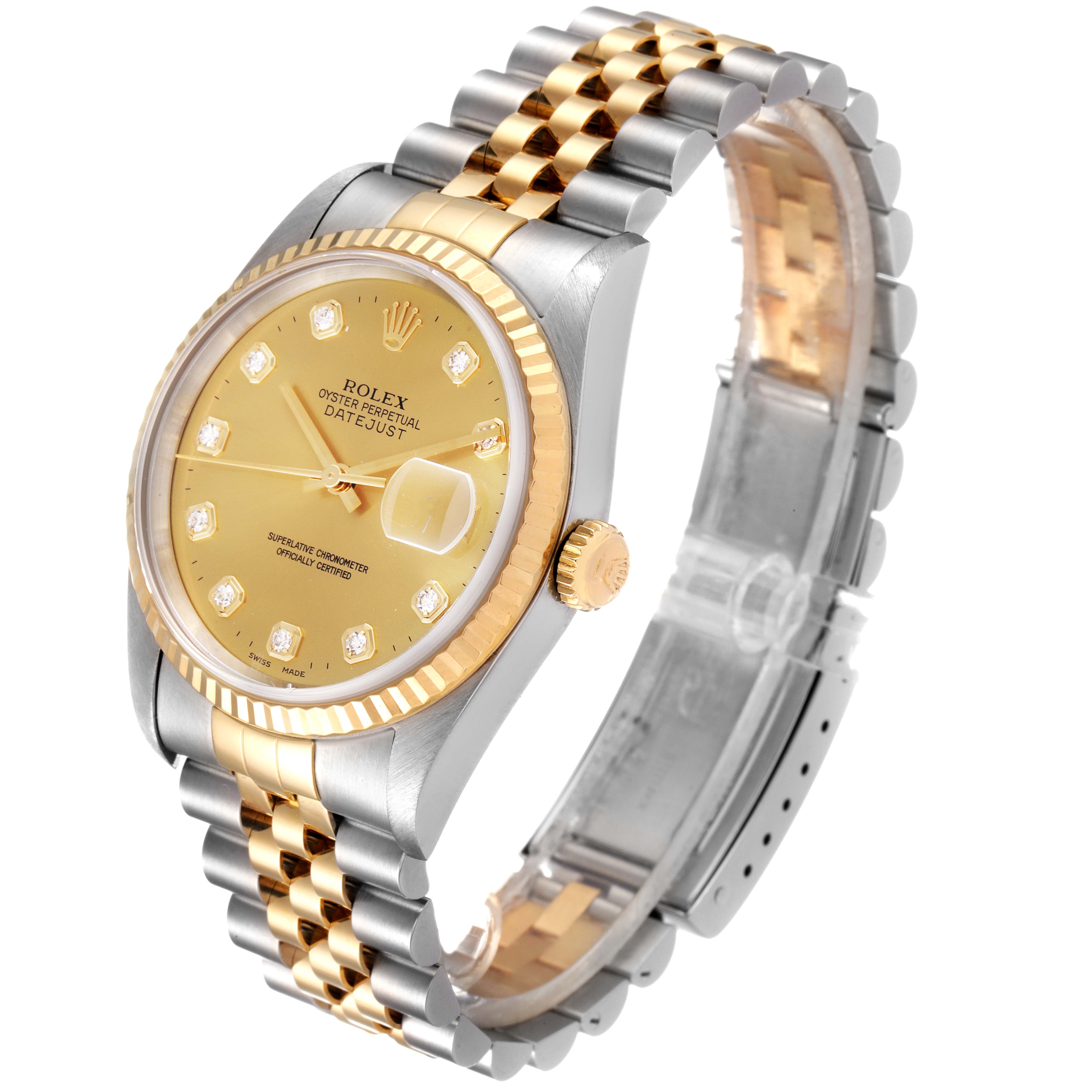 The image shows an angled view of a Rolex Datejust 16233 Men's Steel and Gold (two tone) Champagne Dial 16233 Men's Steel and Gold (two tone) Champagne Dial watch featuring a case, dial, and jubilee bracelet.