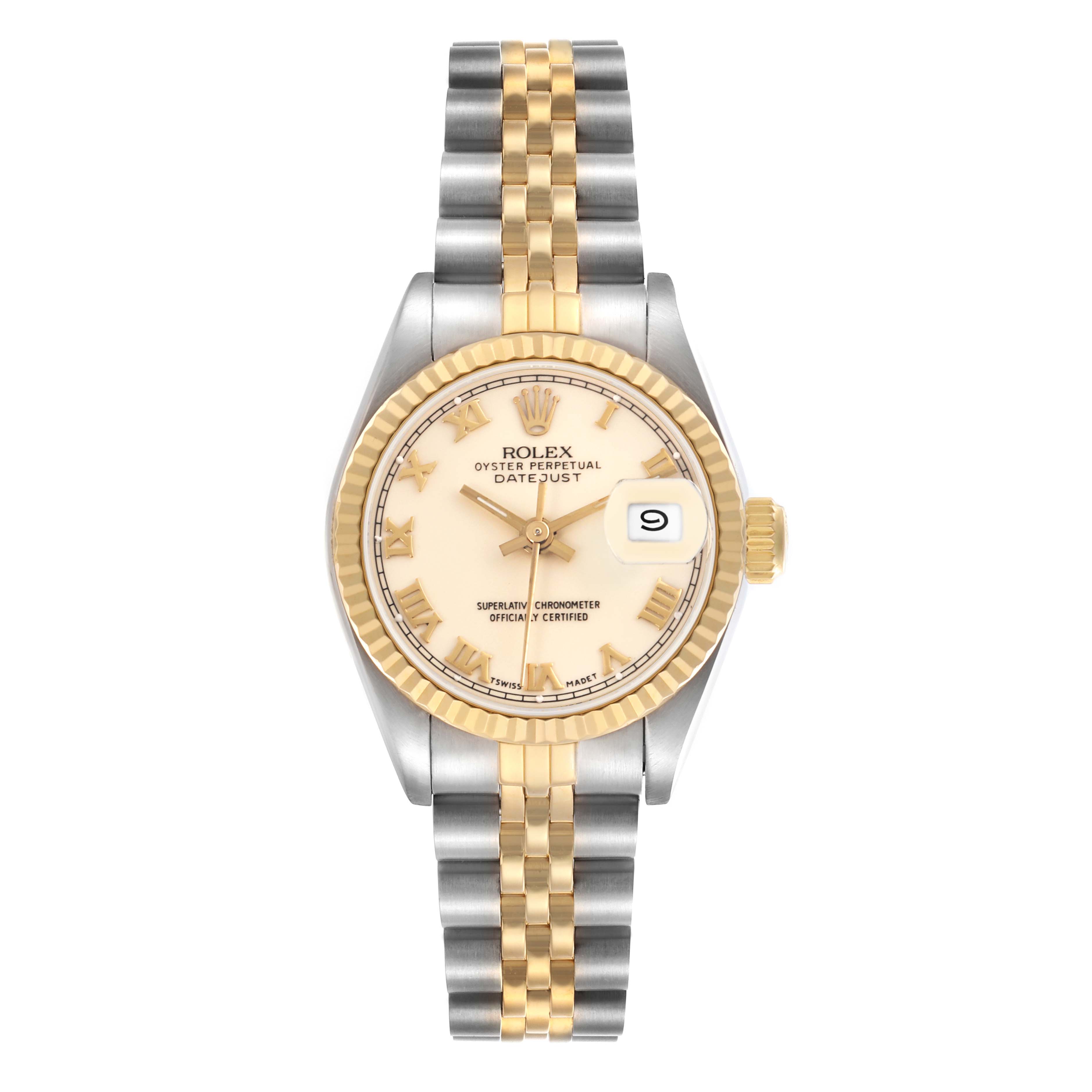 The Rolex Datejust 69173 Women
s Steel and Gold (two tone) Beige Dial 69173 Women
s Steel and Gold (two tone) Beige Dial watch is shown from a front angle, highlighting the face, bezel, bracelet, and crown.