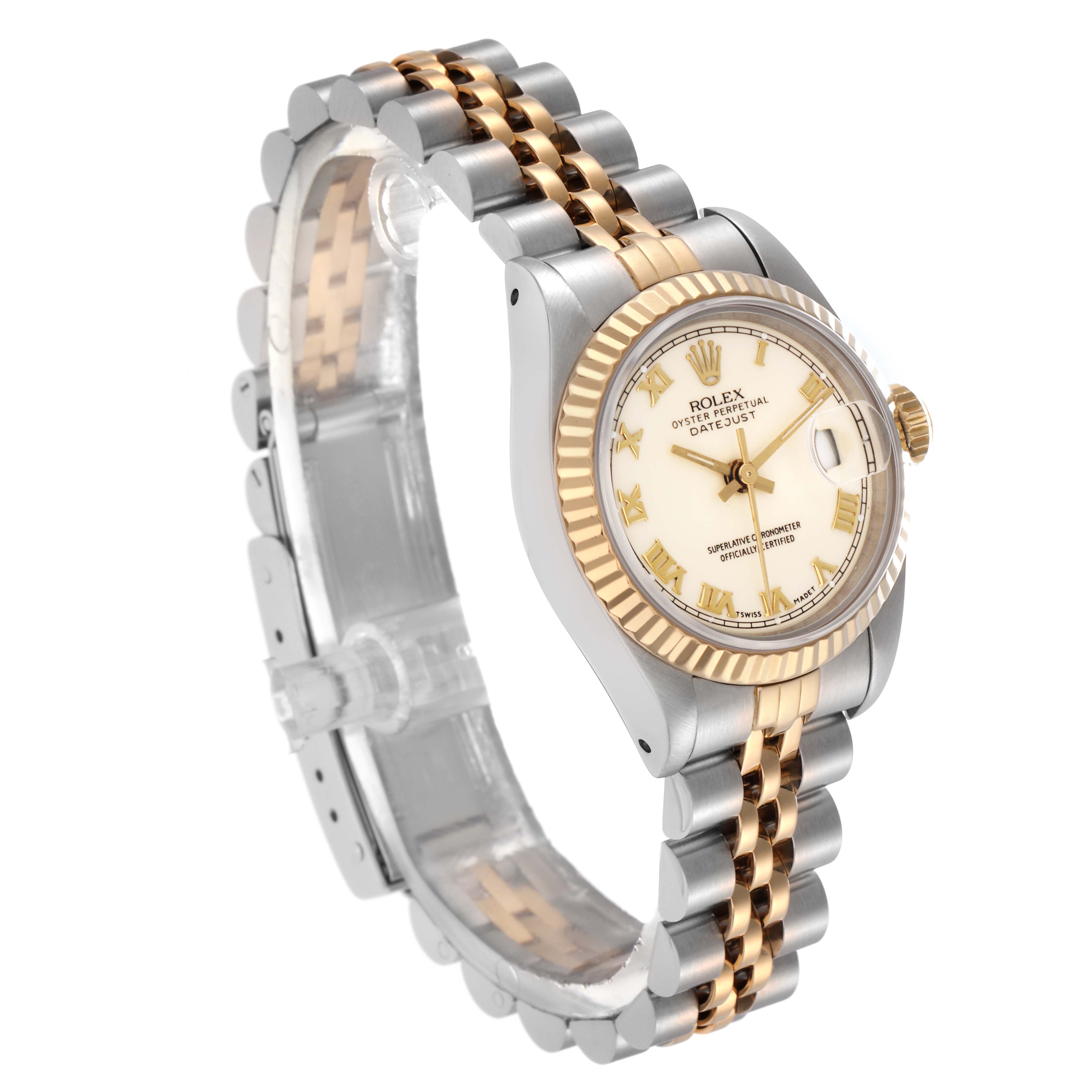The Rolex Datejust 69173 Women
s Steel and Gold (two tone) Beige Dial 69173 Women
s Steel and Gold (two tone) Beige Dial watch is shown at a three-quarter angle, highlighting the bracelet, bezel, and dial.