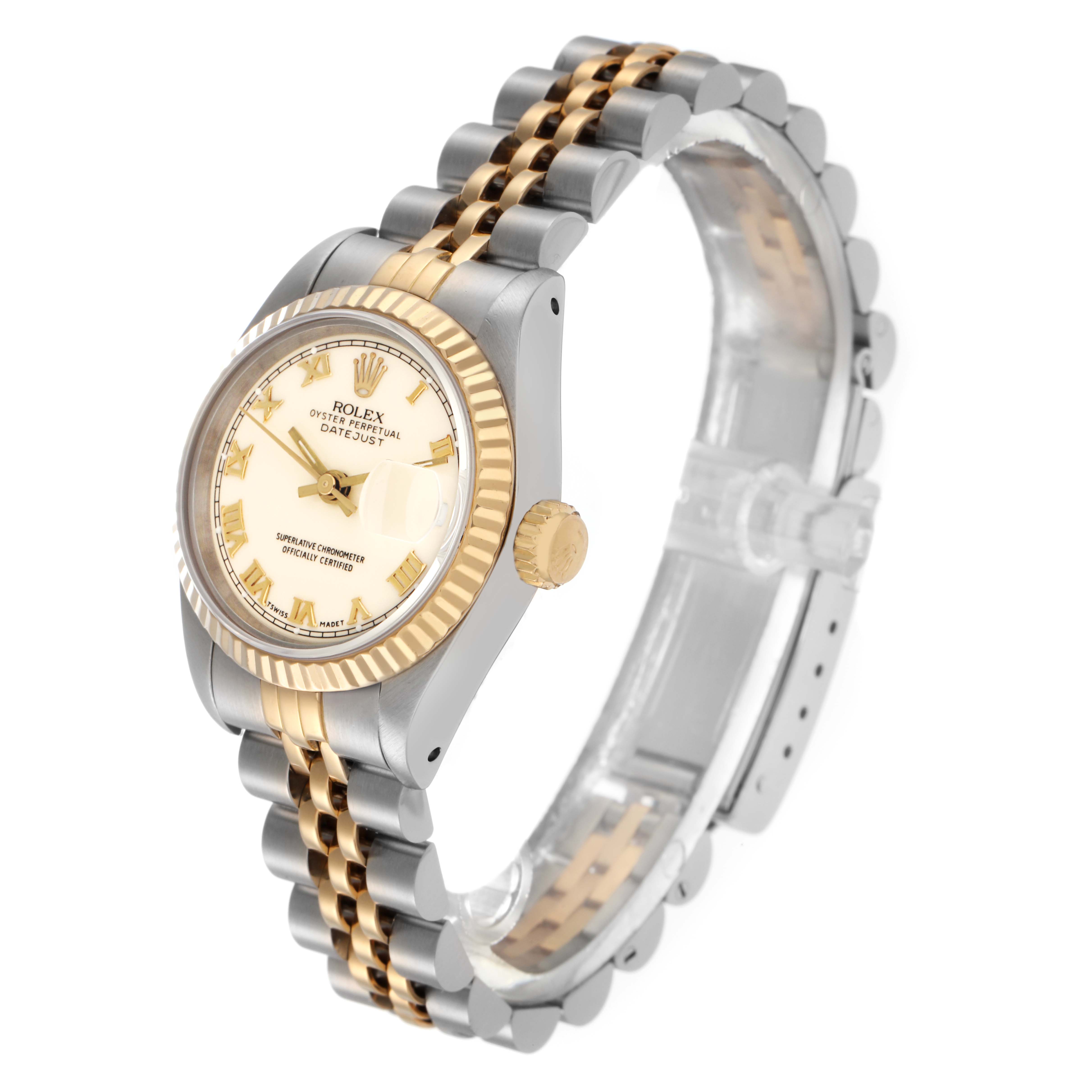 The Rolex Datejust 69173 Women
s Steel and Gold (two tone) Beige Dial 69173 Women
s Steel and Gold (two tone) Beige Dial watch is shown at a three-quarter angle, displaying the face, crown, bezel, and two-tone bracelet.