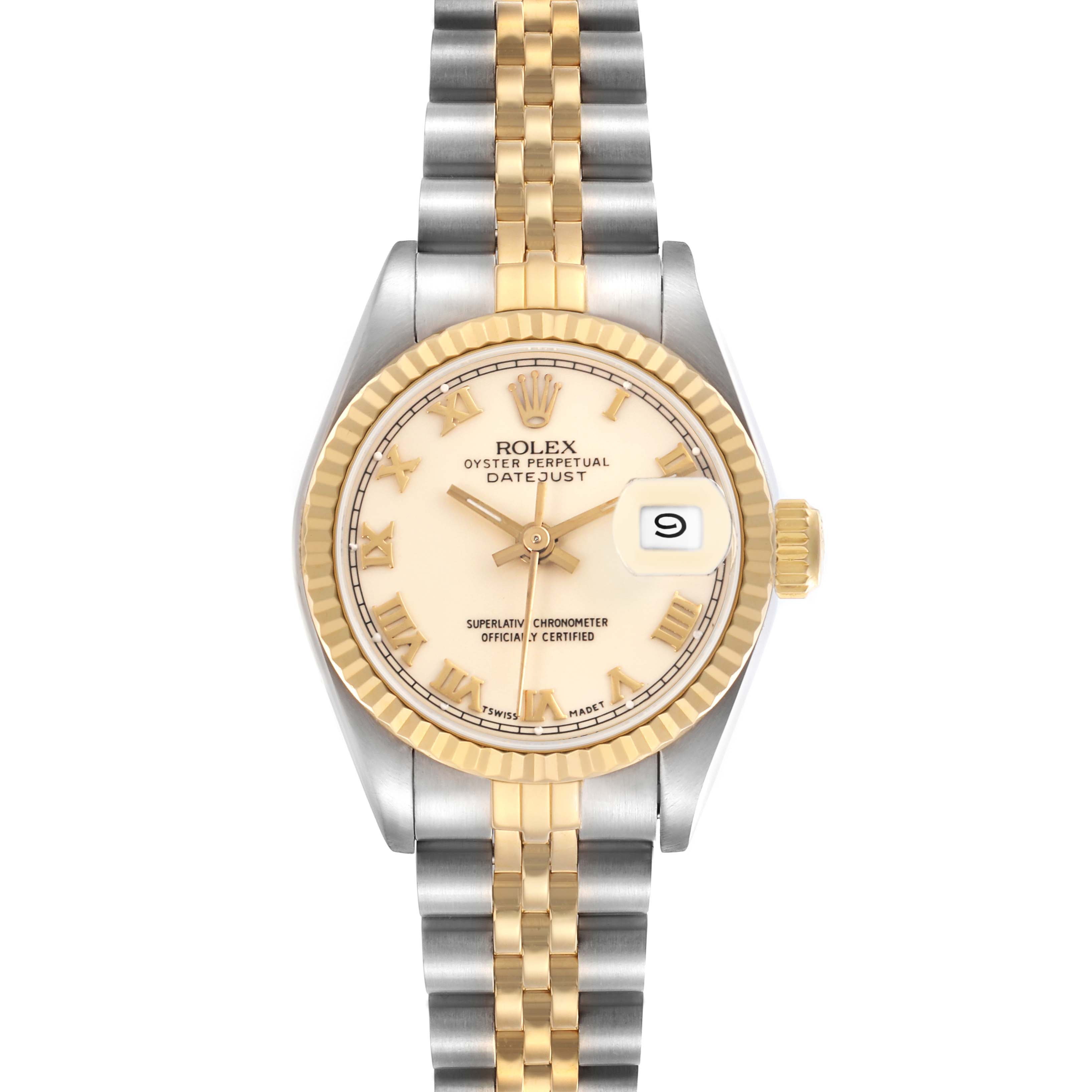 The Rolex Datejust 69173 Women
s Steel and Gold (two tone) Beige Dial 69173 Women
s Steel and Gold (two tone) Beige Dial watch is shown from the front, highlighting its dial, bezel, and two-tone bracelet.