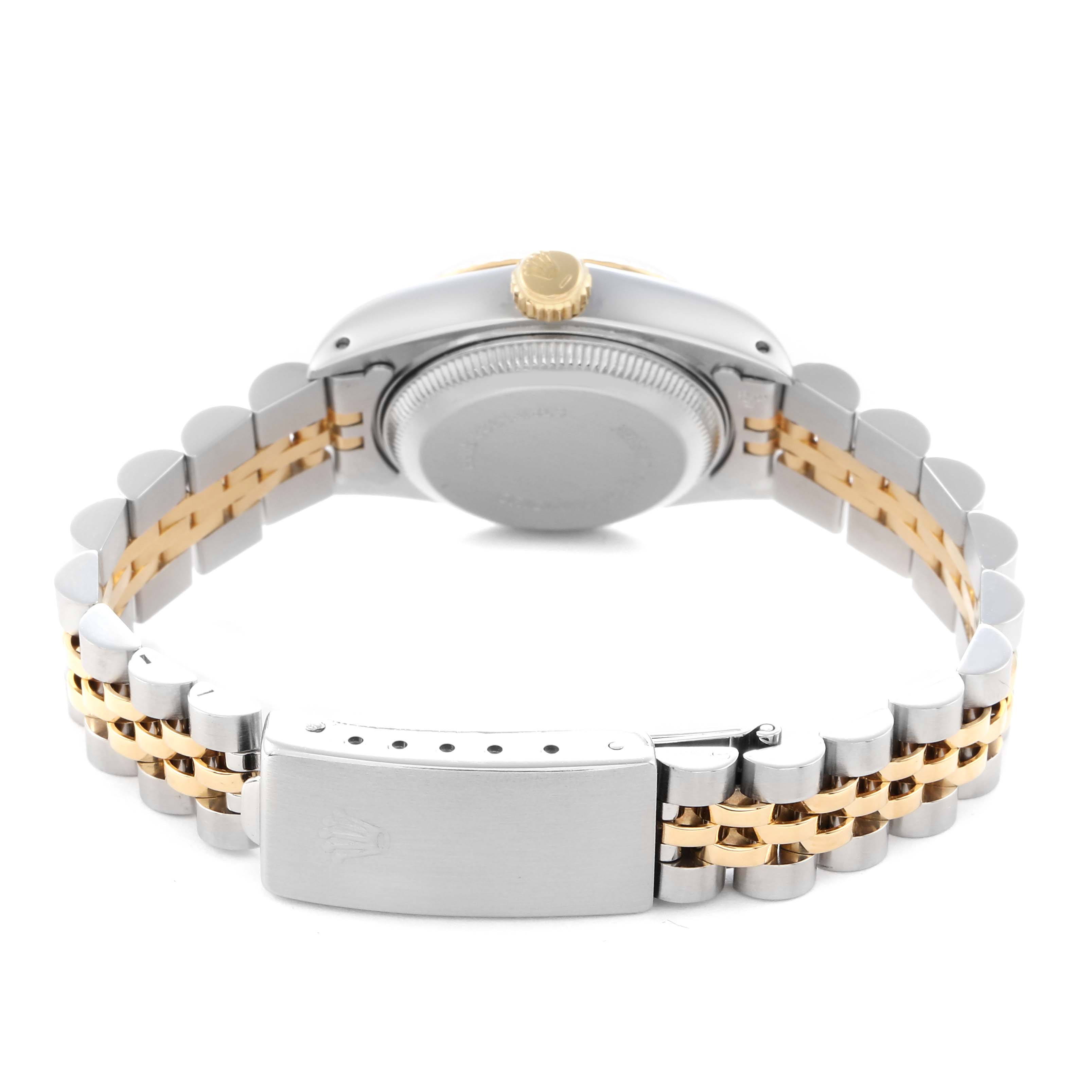 The Rolex Datejust 69173 Women
s Steel and Gold (two tone) Beige Dial 69173 Women
s Steel and Gold (two tone) Beige Dial is shown from the back, displaying the case back, crown, and two-tone bracelet with clasp.