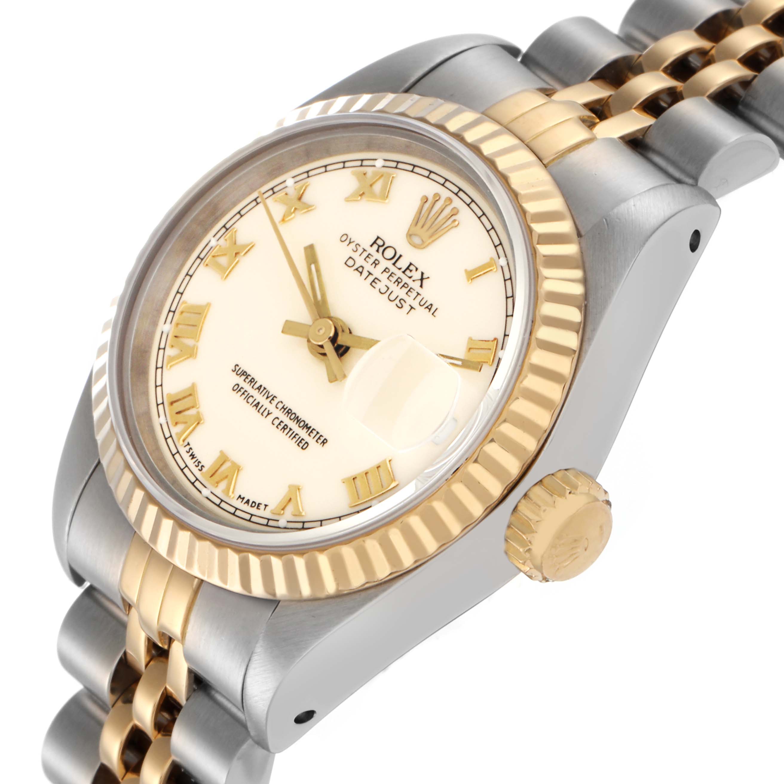 The image shows a Rolex Datejust 69173 Women
s Steel and Gold (two tone) Beige Dial 69173 Women
s Steel and Gold (two tone) Beige Dial watch at an angle highlighting the gold and silver bracelet, fluted bezel, and crown.