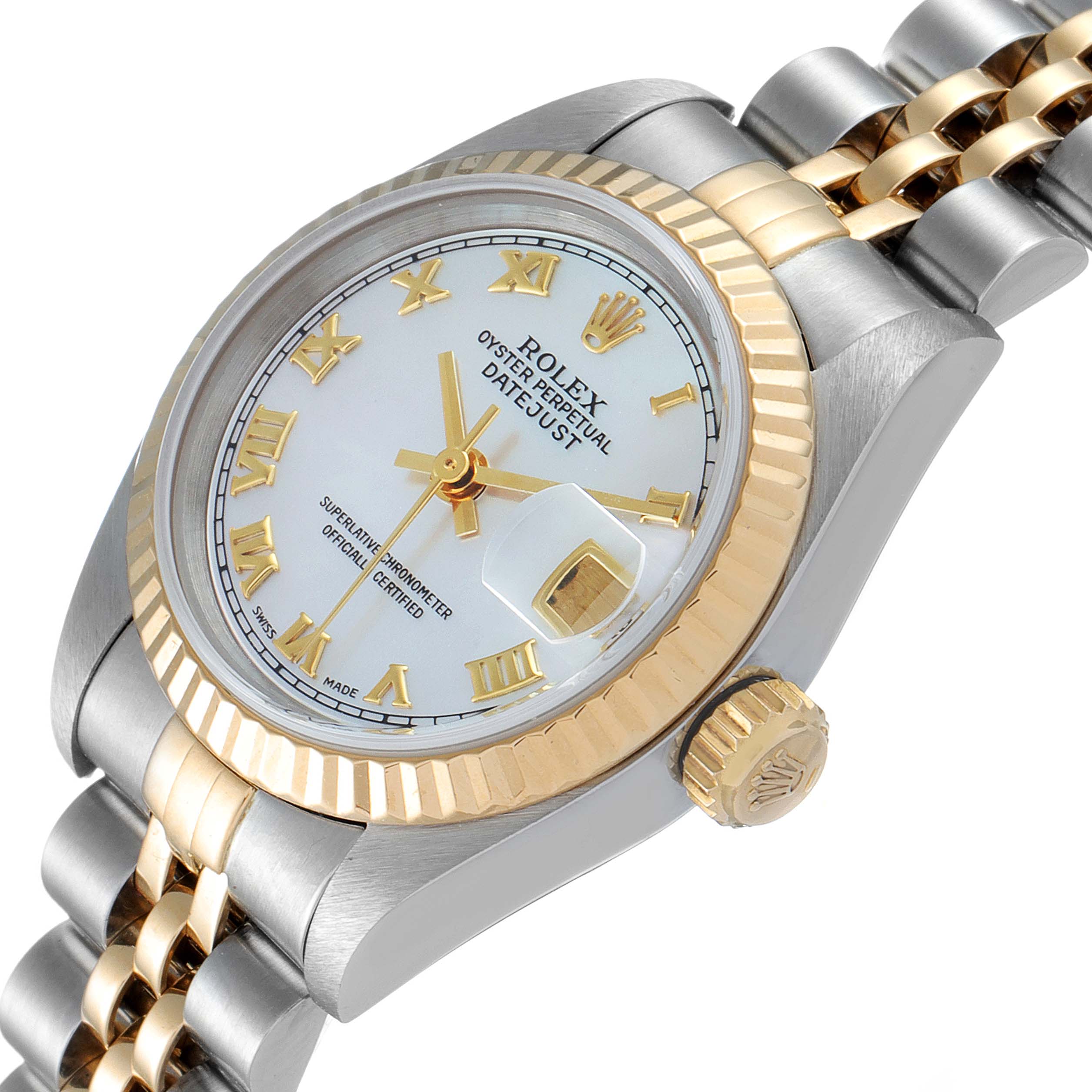 This image shows a close-up angle of the Rolex Datejust 79173 Women's Steel and Gold (two tone) Mother of Pearl Dial 79173 Women's Steel and Gold (two tone) Mother of Pearl Dial watch featuring its white dial, gold bezel, crown, and two-tone bracelet.