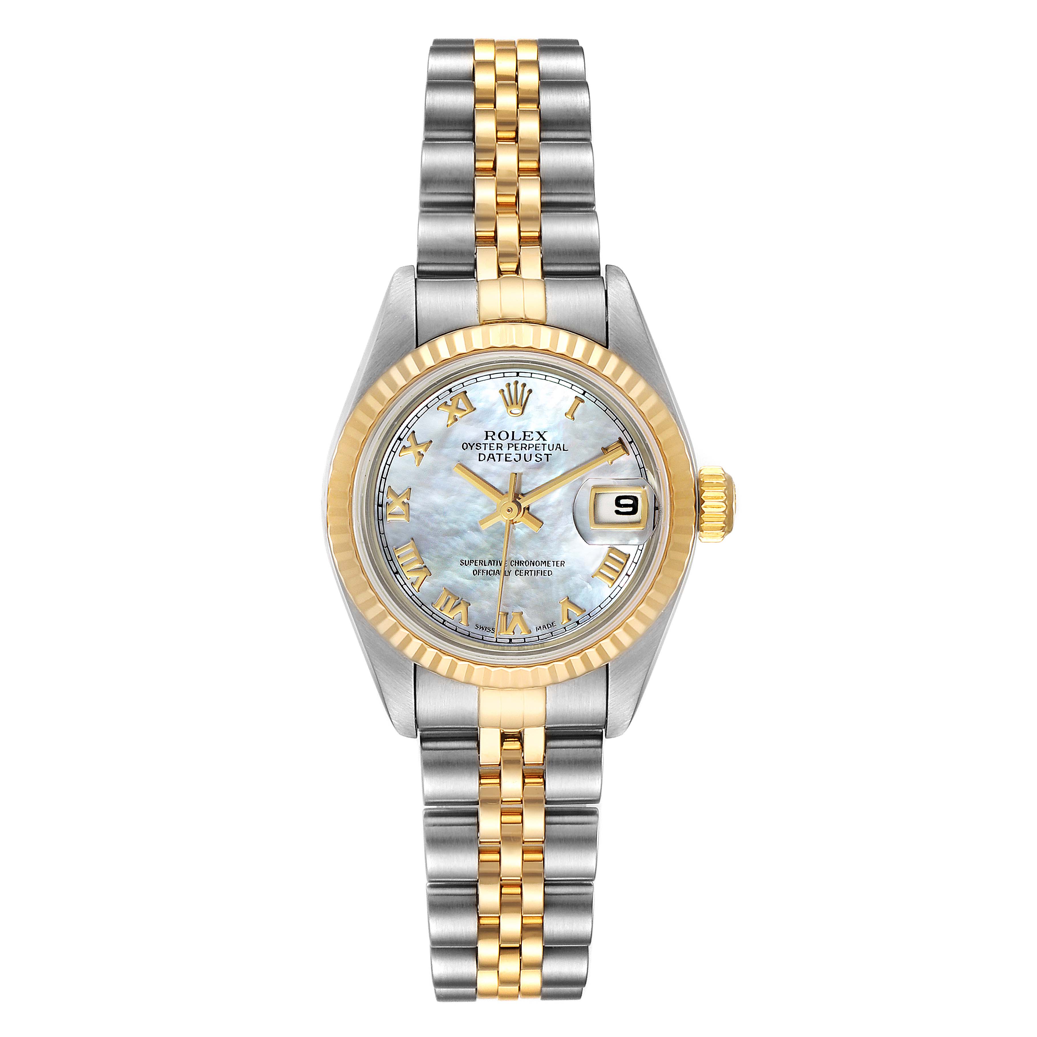 The image shows a frontal view of a Rolex Datejust 79173 Women's Steel and Gold (two tone) Mother of Pearl Dial 79173 Women's Steel and Gold (two tone) Mother of Pearl Dial watch with a two-tone metal bracelet, fluted bezel, and date display.
