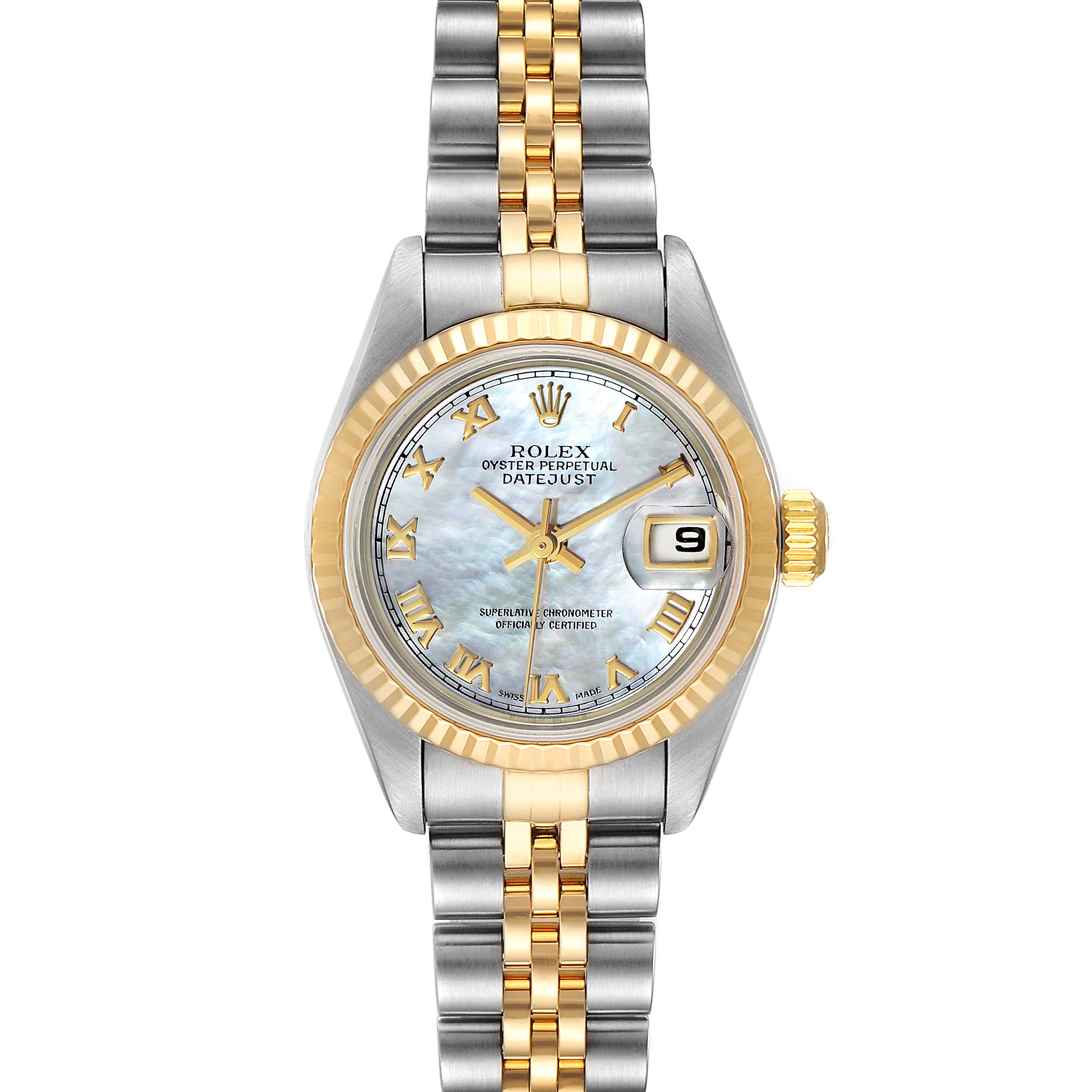 The image shows a front view of a Rolex Datejust 79173 Women's Steel and Gold (two tone) Mother of Pearl Dial 79173 Women's Steel and Gold (two tone) Mother of Pearl Dial watch, displaying the dial, bezel, and bracelet.