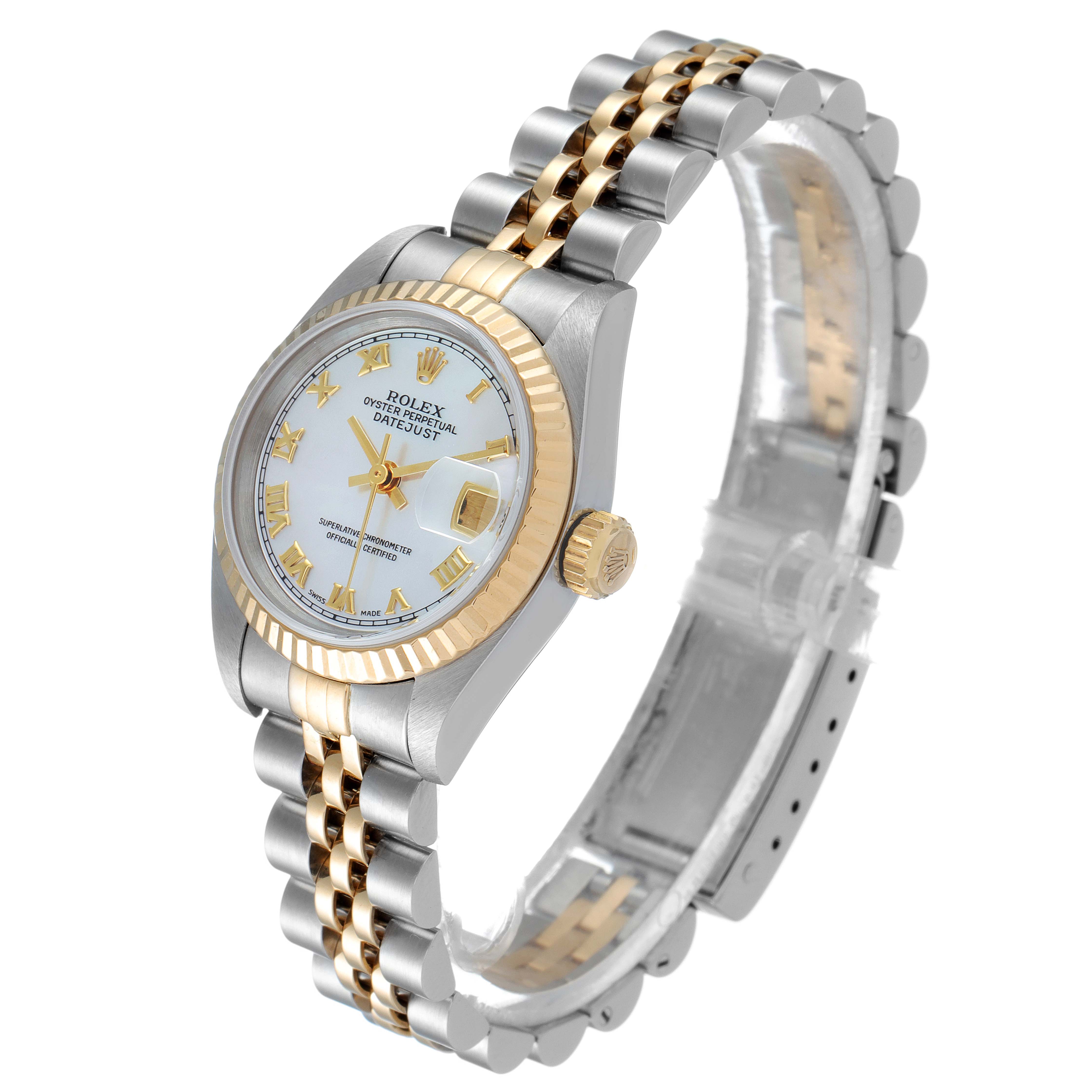 The image shows a Rolex Datejust 79173 Women's Steel and Gold (two tone) Mother of Pearl Dial 79173 Women's Steel and Gold (two tone) Mother of Pearl Dial watch at an angled side view, displaying its two-tone bracelet, fluted bezel, and dial with date window.