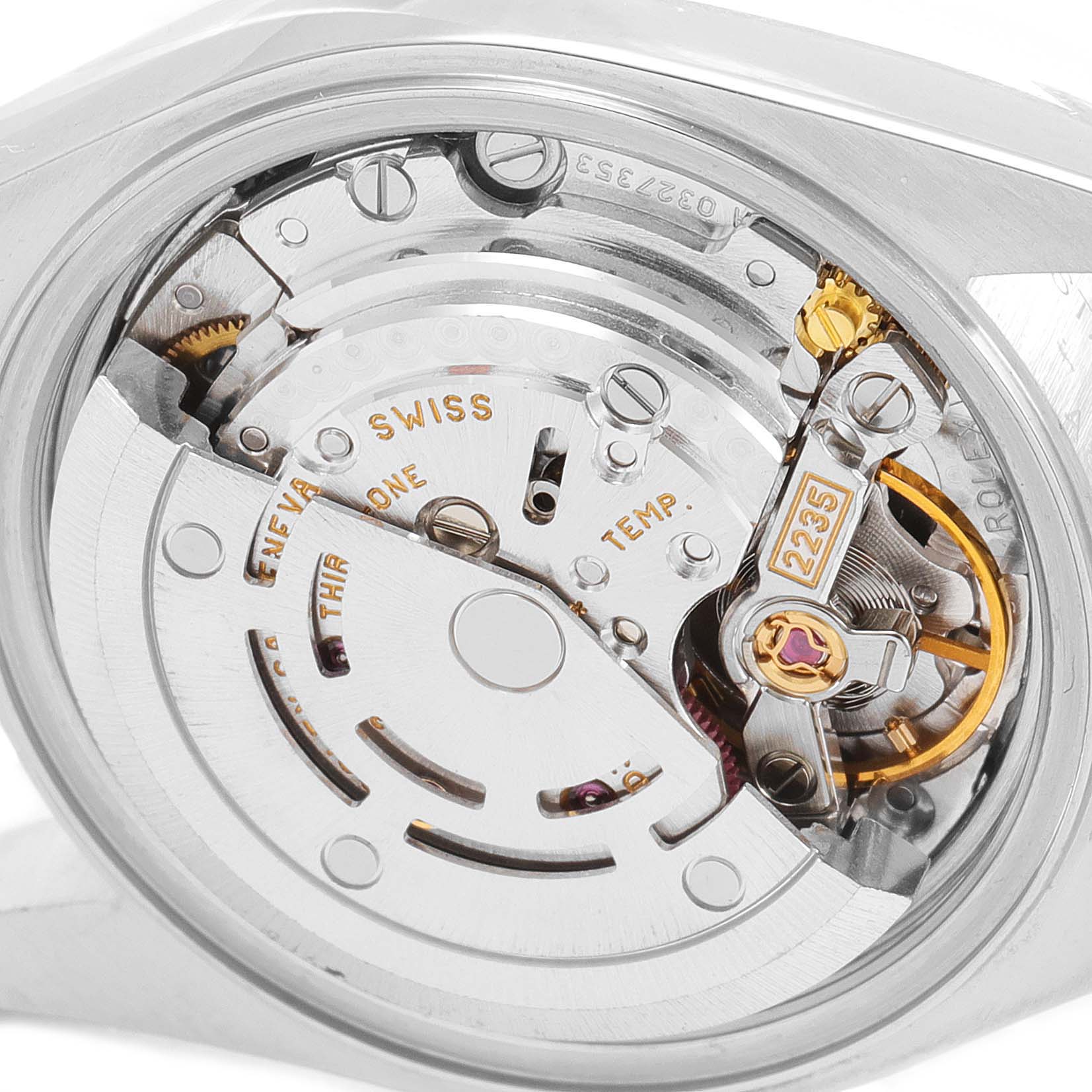 The image shows the movement and internal mechanism of a Rolex Datejust 79173 Women's Steel and Gold (two tone) Mother of Pearl Dial 79173 Women's Steel and Gold (two tone) Mother of Pearl Dial watch from a close-up, rear angle.