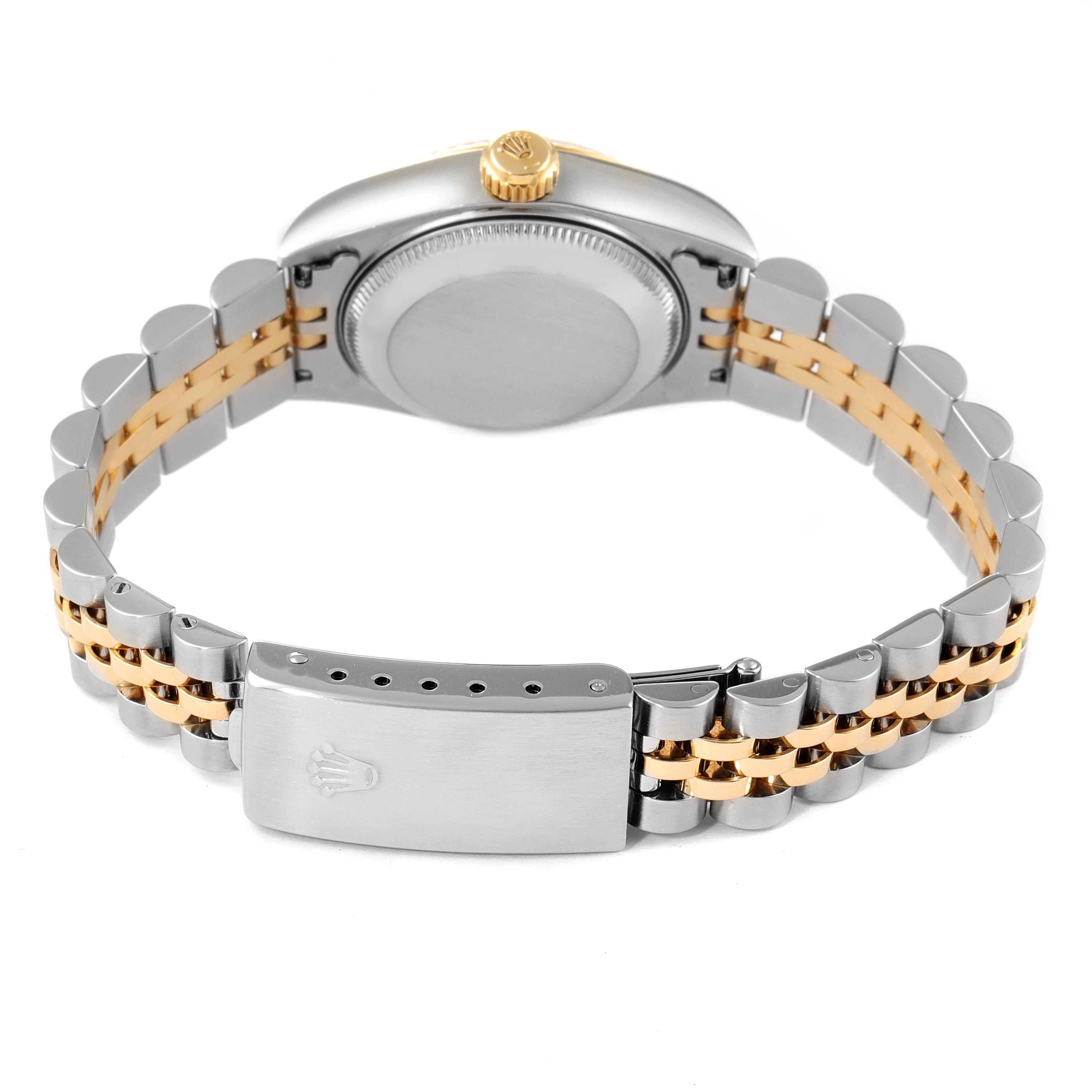 This image shows the back of a Rolex Datejust 79173 Women's Steel and Gold (two tone) Mother of Pearl Dial 79173 Women's Steel and Gold (two tone) Mother of Pearl Dial watch, including the clasp, bracelet, and caseback from a rear angle.