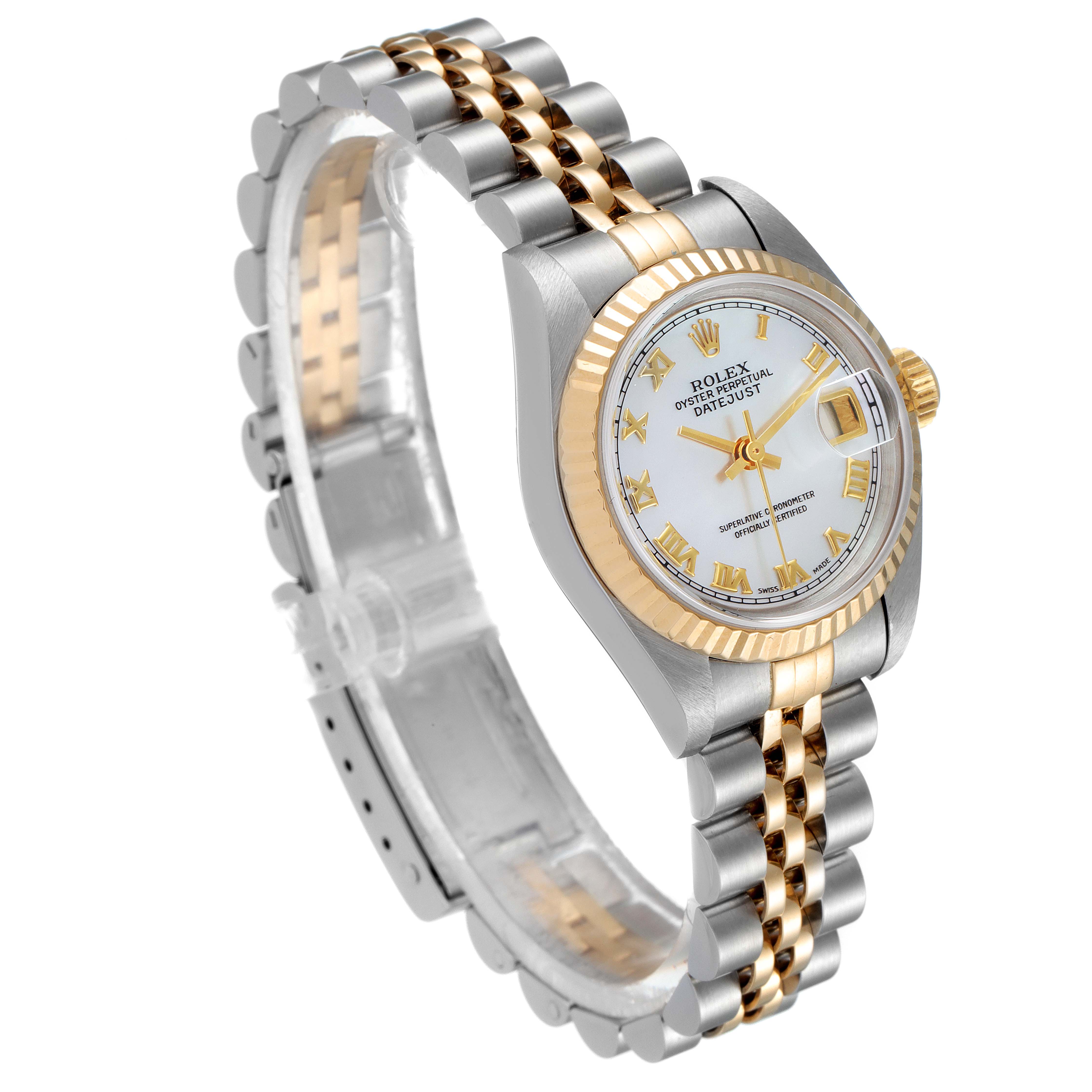 This image shows a Rolex Datejust 79173 Women's Steel and Gold (two tone) Mother of Pearl Dial 79173 Women's Steel and Gold (two tone) Mother of Pearl Dial watch at a three-quarter angle, highlighting its face, bezel, and two-tone bracelet.