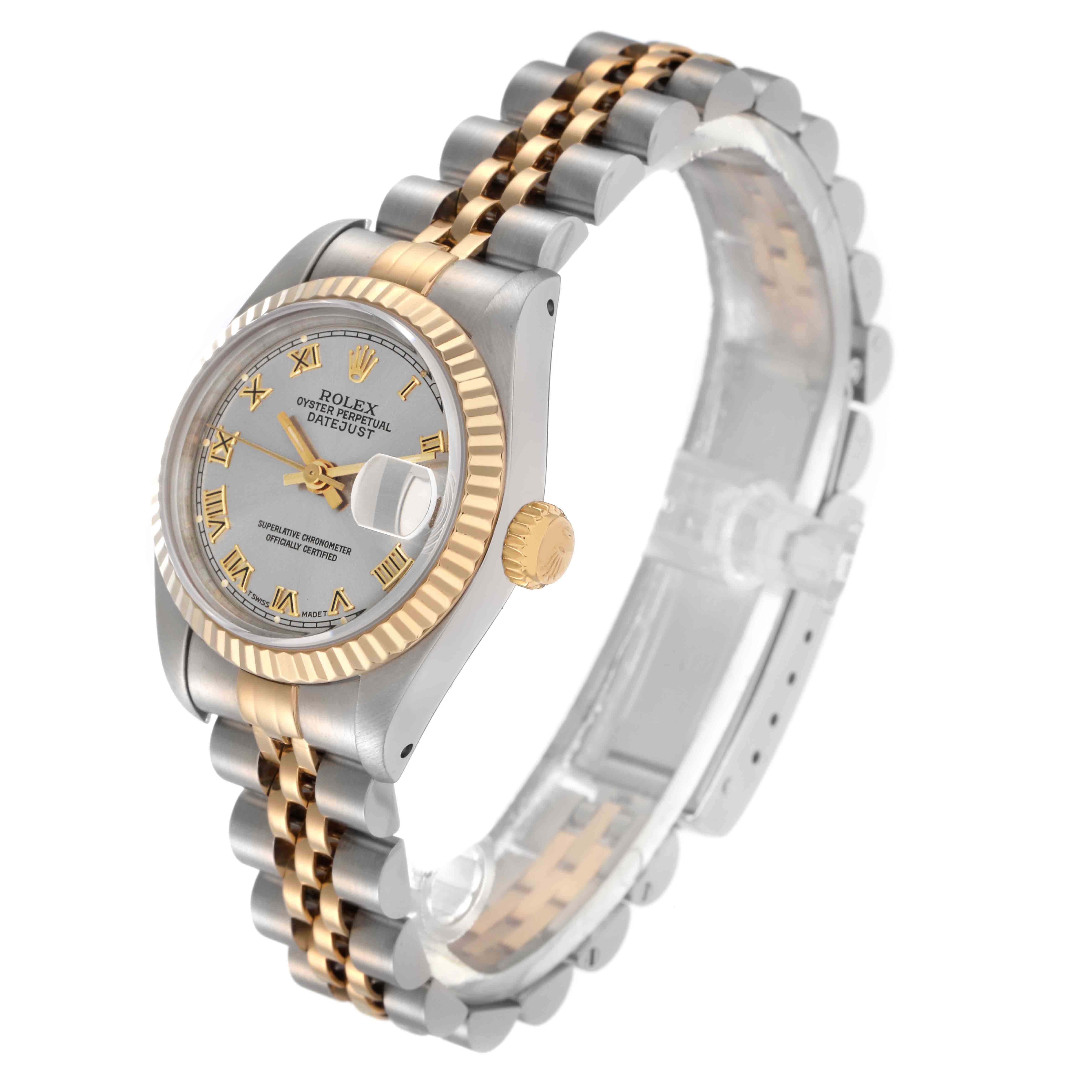 The Rolex Datejust 69173 Women
s Steel and Gold (two tone) Grey Dial 69173 Women
s Steel and Gold (two tone) Grey Dial watch is shown at a slight angle, highlighting the bezel, dial, crown, and two-tone jubilee bracelet.