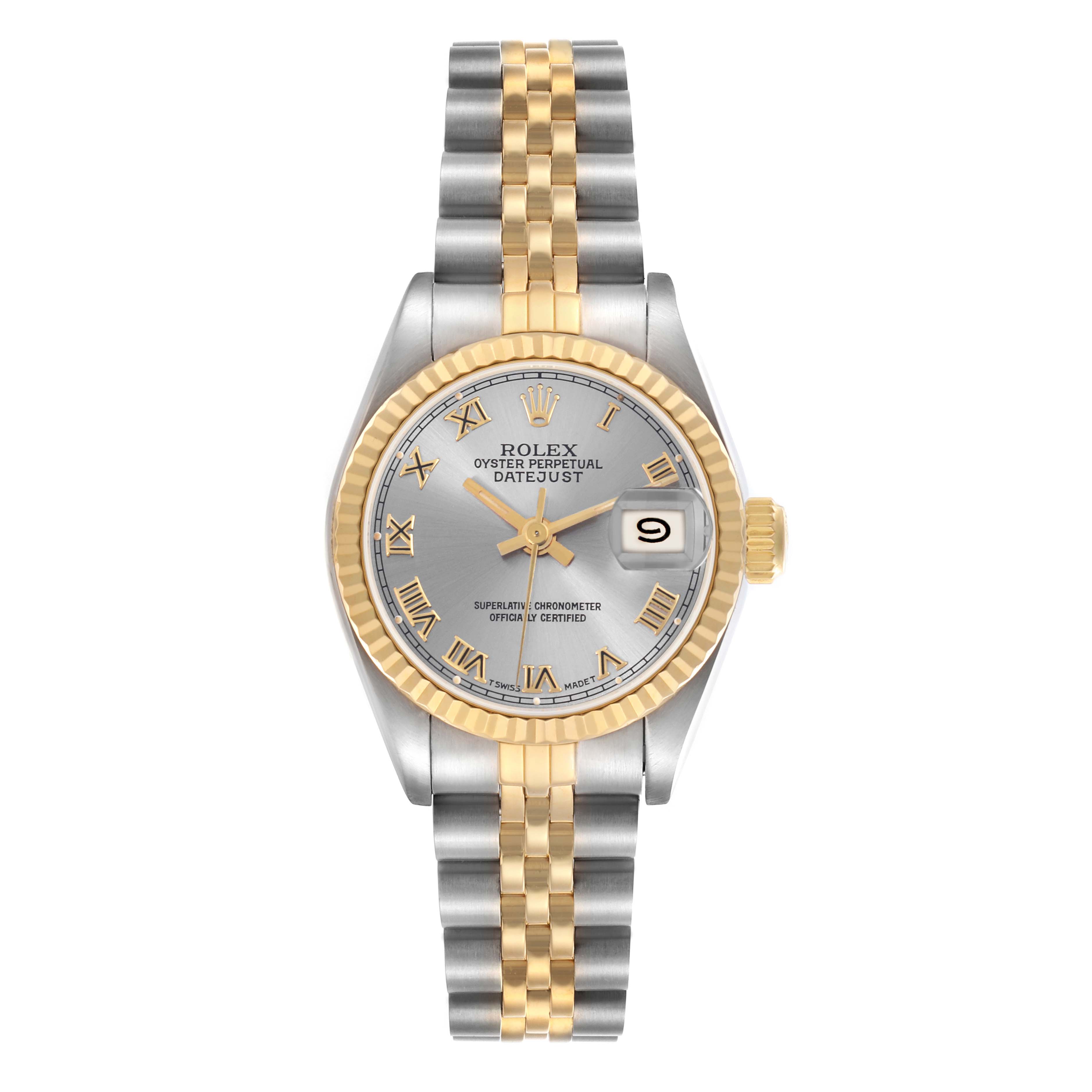 The Rolex Datejust 69173 Women
s Steel and Gold (two tone) Grey Dial 69173 Women
s Steel and Gold (two tone) Grey Dial is shown from a top view, highlighting the bezel, dial, bracelet, and date window.
