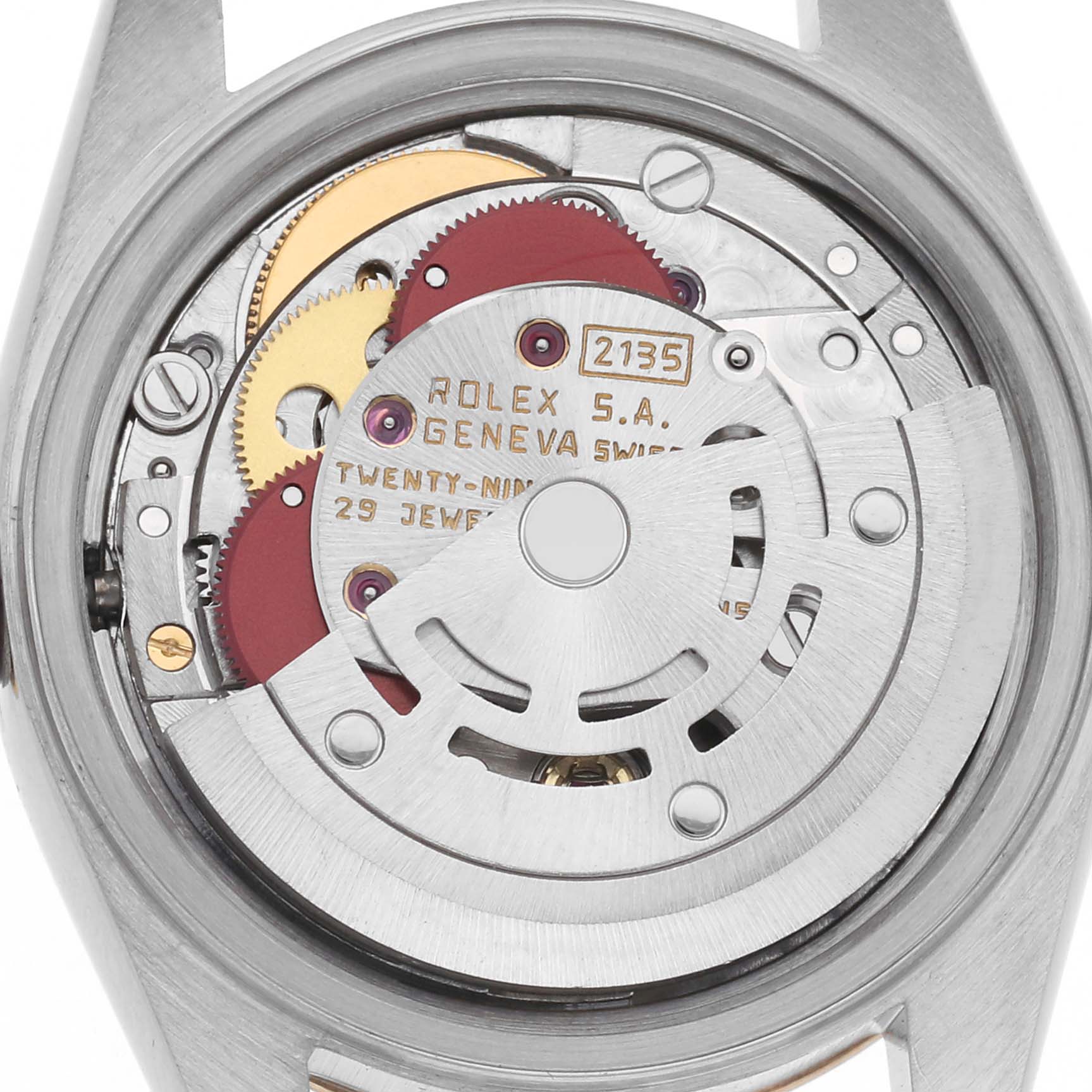 The image shows the movement of a Rolex Datejust 69173 Women
s Steel and Gold (two tone) Grey Dial 69173 Women
s Steel and Gold (two tone) Grey Dial watch from the back, highlighting the rotor and gears.