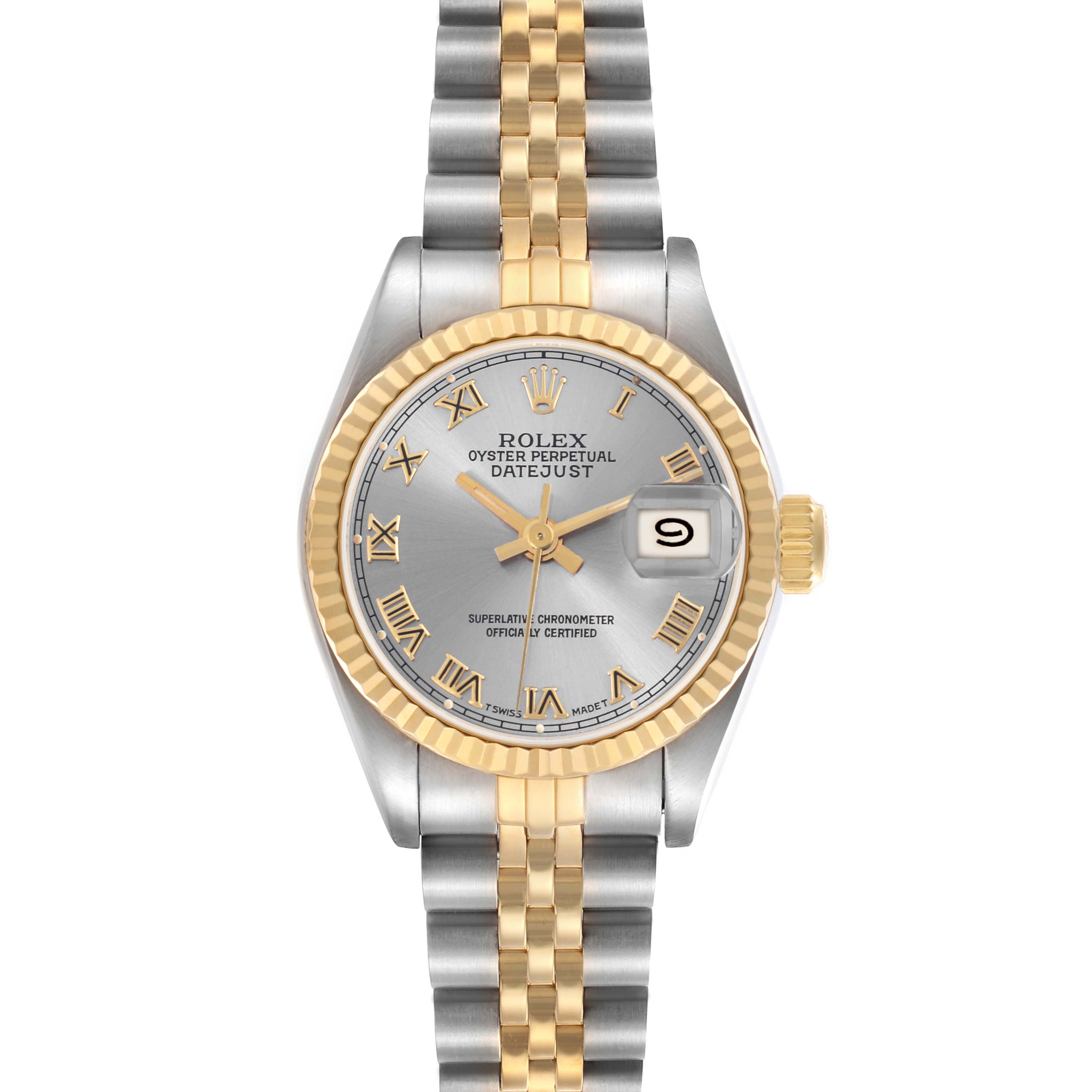 The Rolex Datejust 69173 Women
s Steel and Gold (two tone) Grey Dial 69173 Women
s Steel and Gold (two tone) Grey Dial watch is shown from a top-down angle, displaying its face, bezel, crown, and Jubilee bracelet.