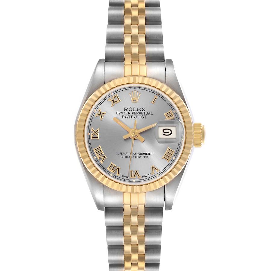 The Rolex Datejust watch is shown from a top-down angle, displaying its face, bezel, crown, and Jubilee bracelet.