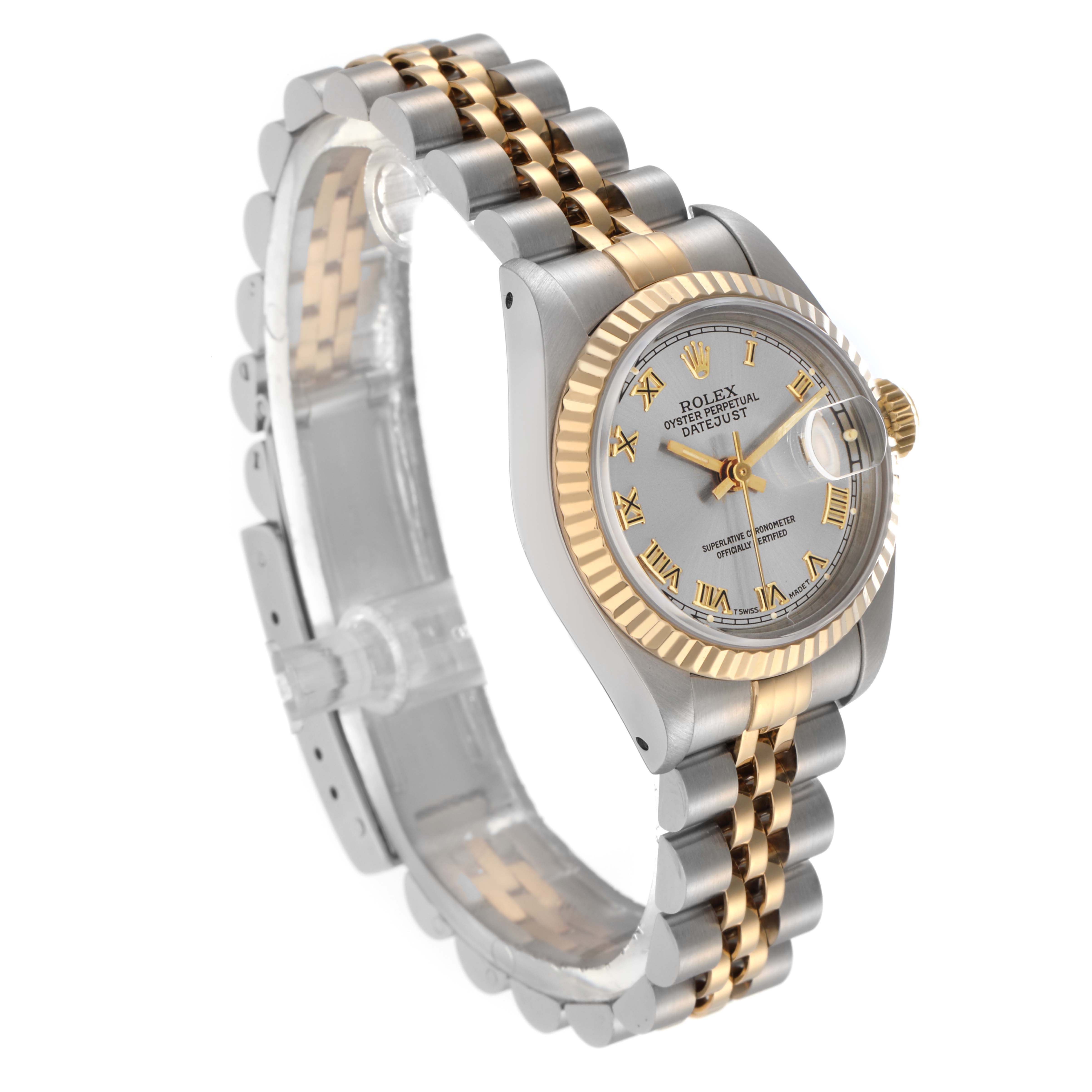 The Rolex Datejust 69173 Women
s Steel and Gold (two tone) Grey Dial 69173 Women
s Steel and Gold (two tone) Grey Dial watch is shown at a three-quarter angle, highlighting the dial, bezel, and two-tone bracelet.