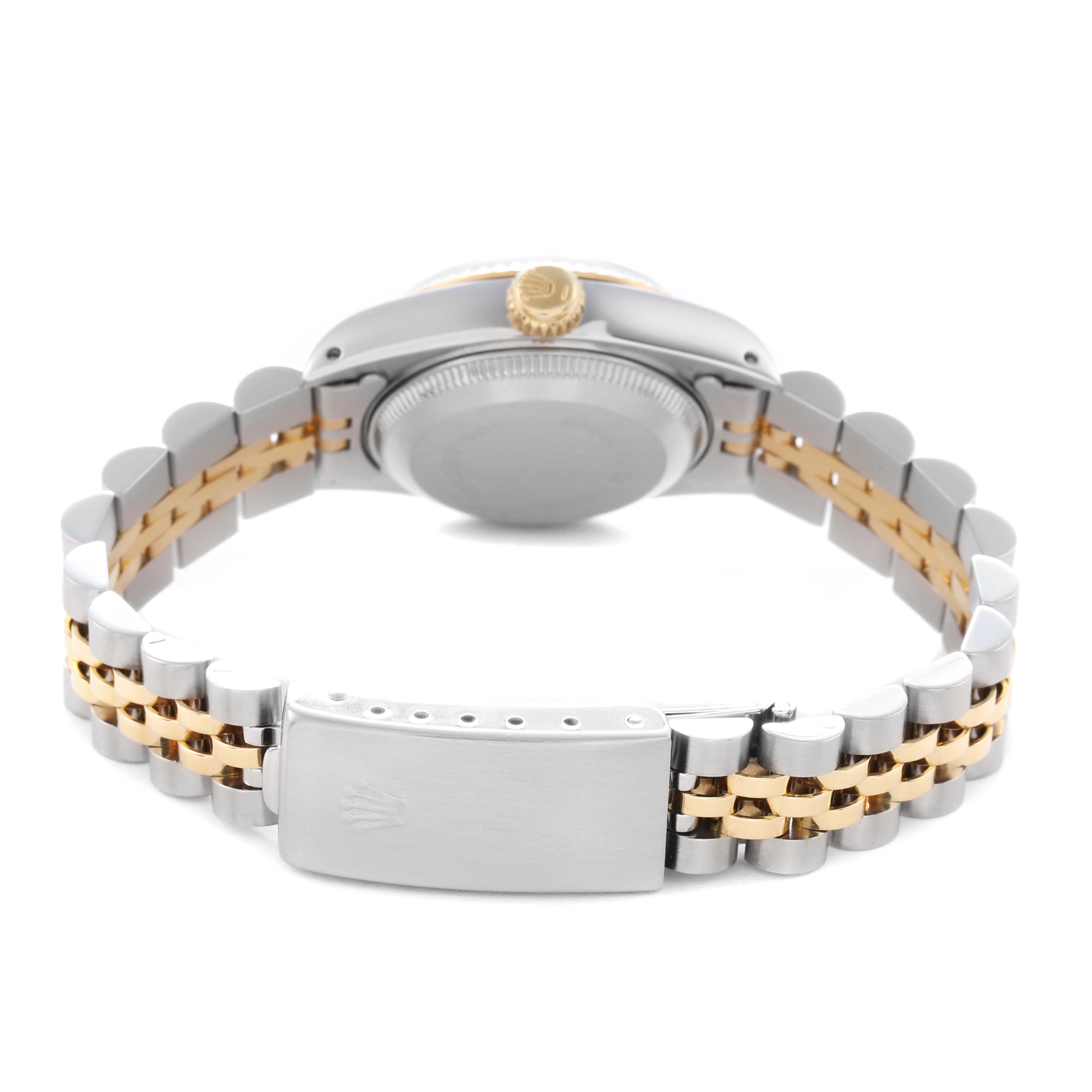 The image shows the back and bracelet of a Rolex Datejust 69173 Women
s Steel and Gold (two tone) Grey Dial 69173 Women
s Steel and Gold (two tone) Grey Dial watch, highlighting the clasp and crown.