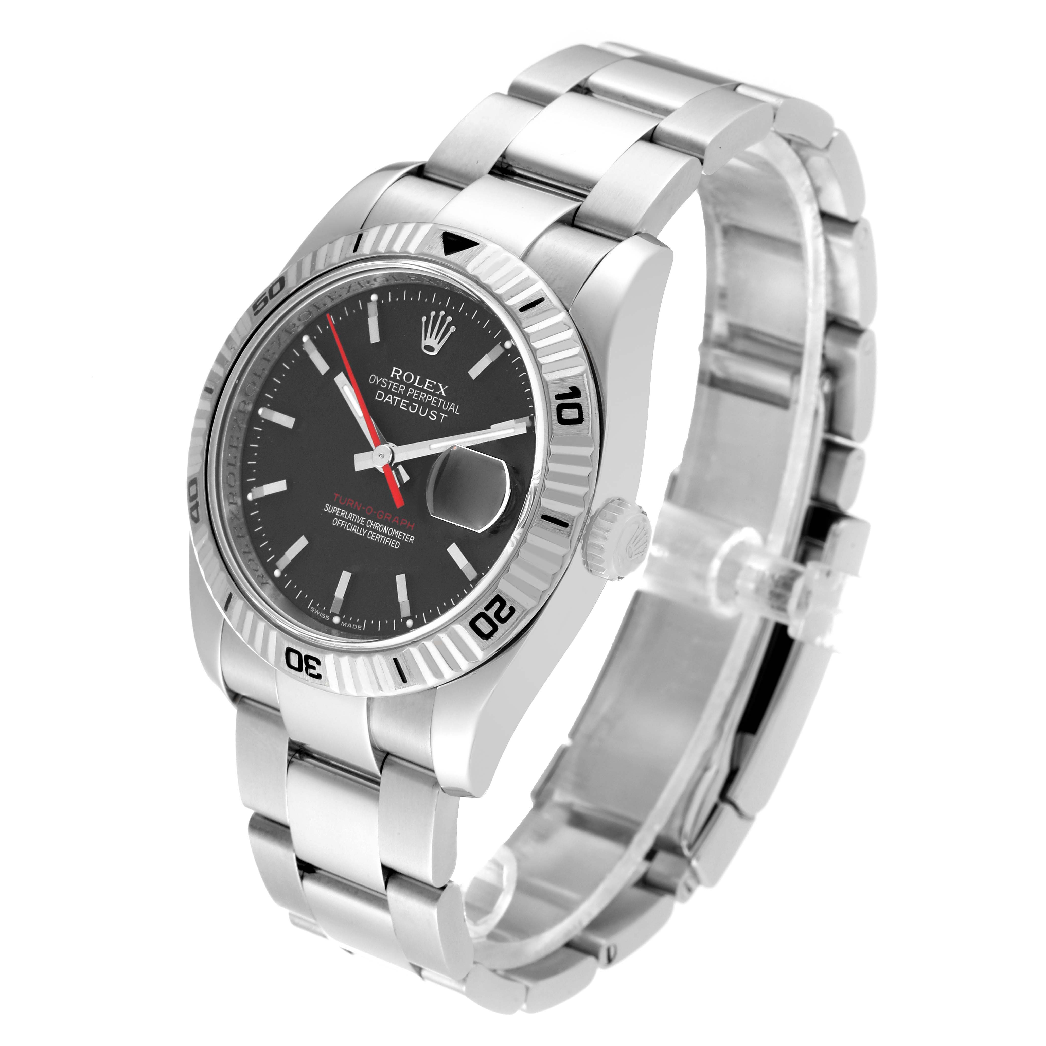 The Rolex Turn-o-Graph 116264 Men's Stainless Steel Black Dial 116264 Men's Stainless Steel Black Dial watch is shown at a slight angle, displaying the dial, bezel, crown, and bracelet.