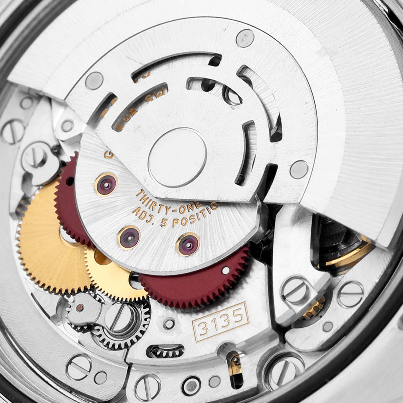 The image shows a close-up view of the internal mechanism of a Rolex Turn-o-Graph 116264 Men's Stainless Steel Black Dial 116264 Men's Stainless Steel Black Dial, displaying gears and the movement caliber 3135.