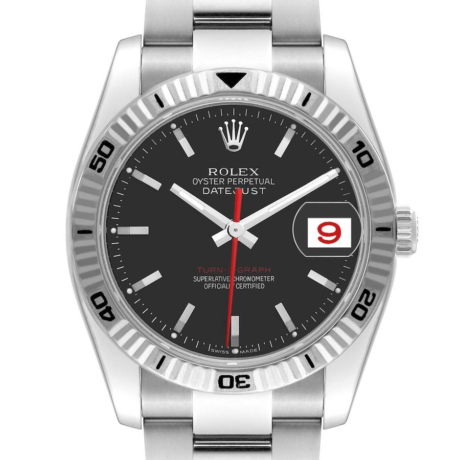 The image shows a front view of the Rolex Turn-o-Graph watch, displaying the face, bezel, crown, and part of the bracelet.