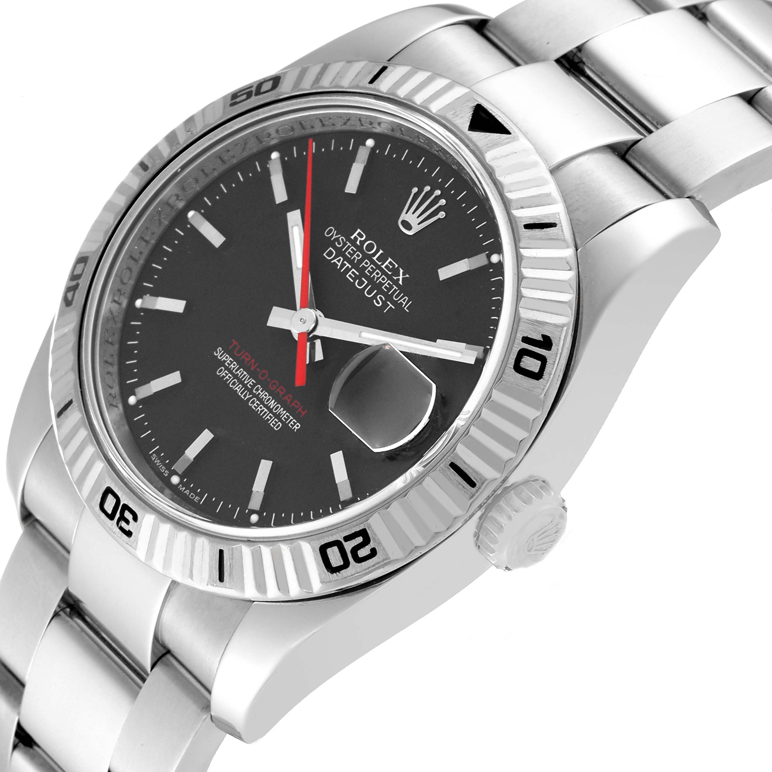 The image shows a close-up angled view of the Rolex Turn-o-Graph 116264 Men's Stainless Steel Black Dial 116264 Men's Stainless Steel Black Dial watch, highlighting the dial, bezel, and part of the bracelet.