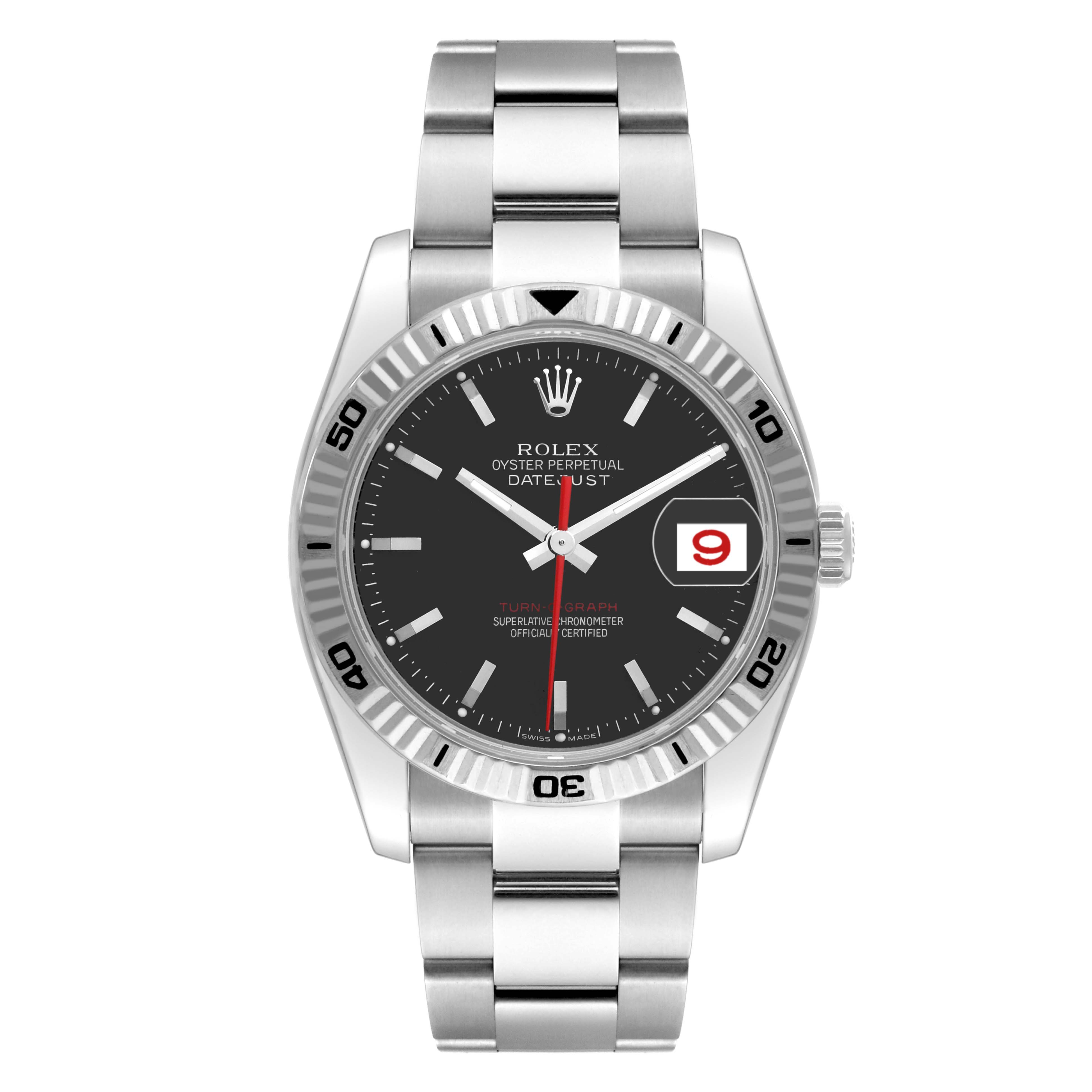 This is a front view of the Rolex Turn-o-Graph 116264 Men's Stainless Steel Black Dial 116264 Men's Stainless Steel Black Dial watch showing the dial, hands, bezel, and bracelet.