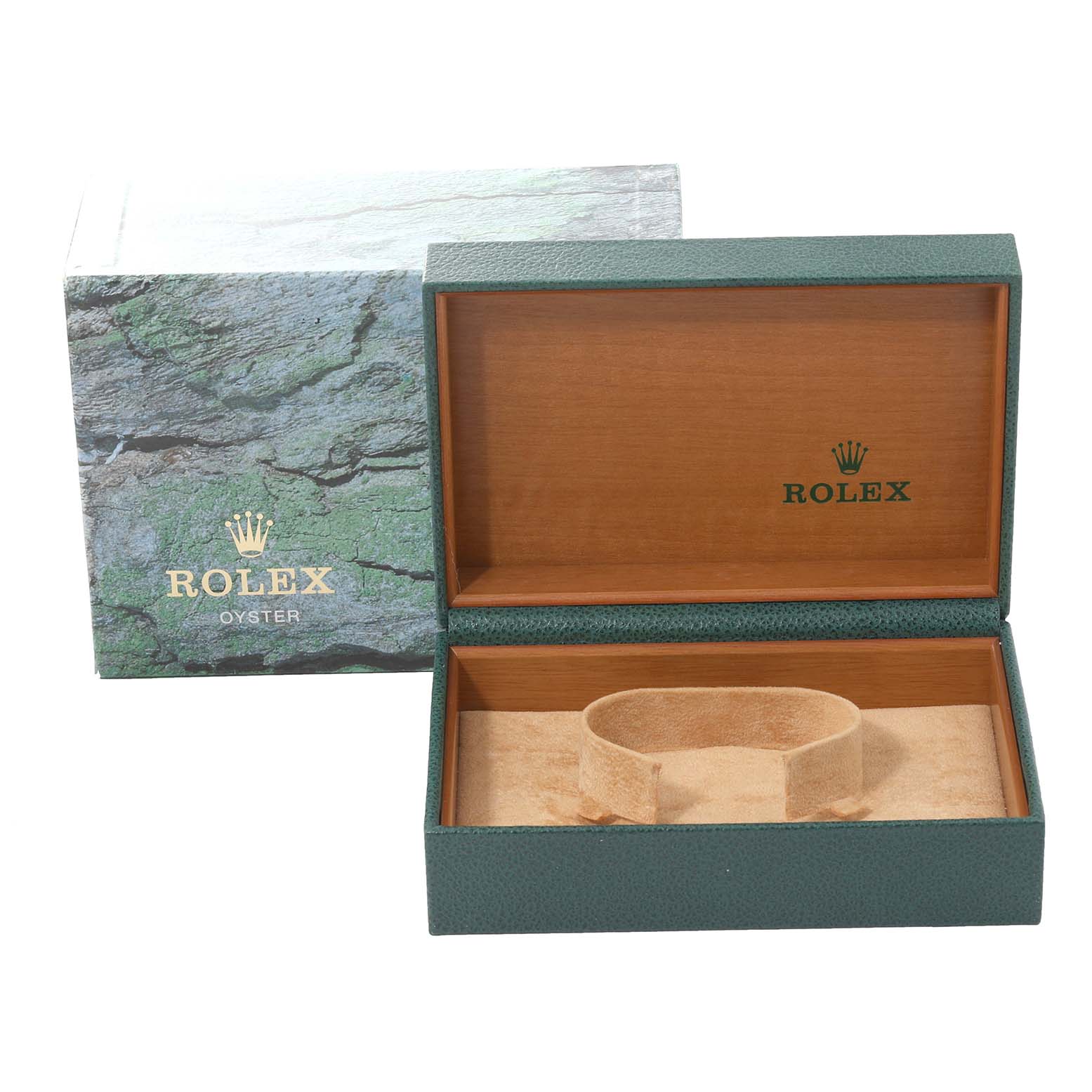 This image shows an empty Rolex Turn-o-Graph 116264 Men's Stainless Steel Black Dial 116264 Men's Stainless Steel Black Dial watch box and its exterior carton packaging, viewed from the front.