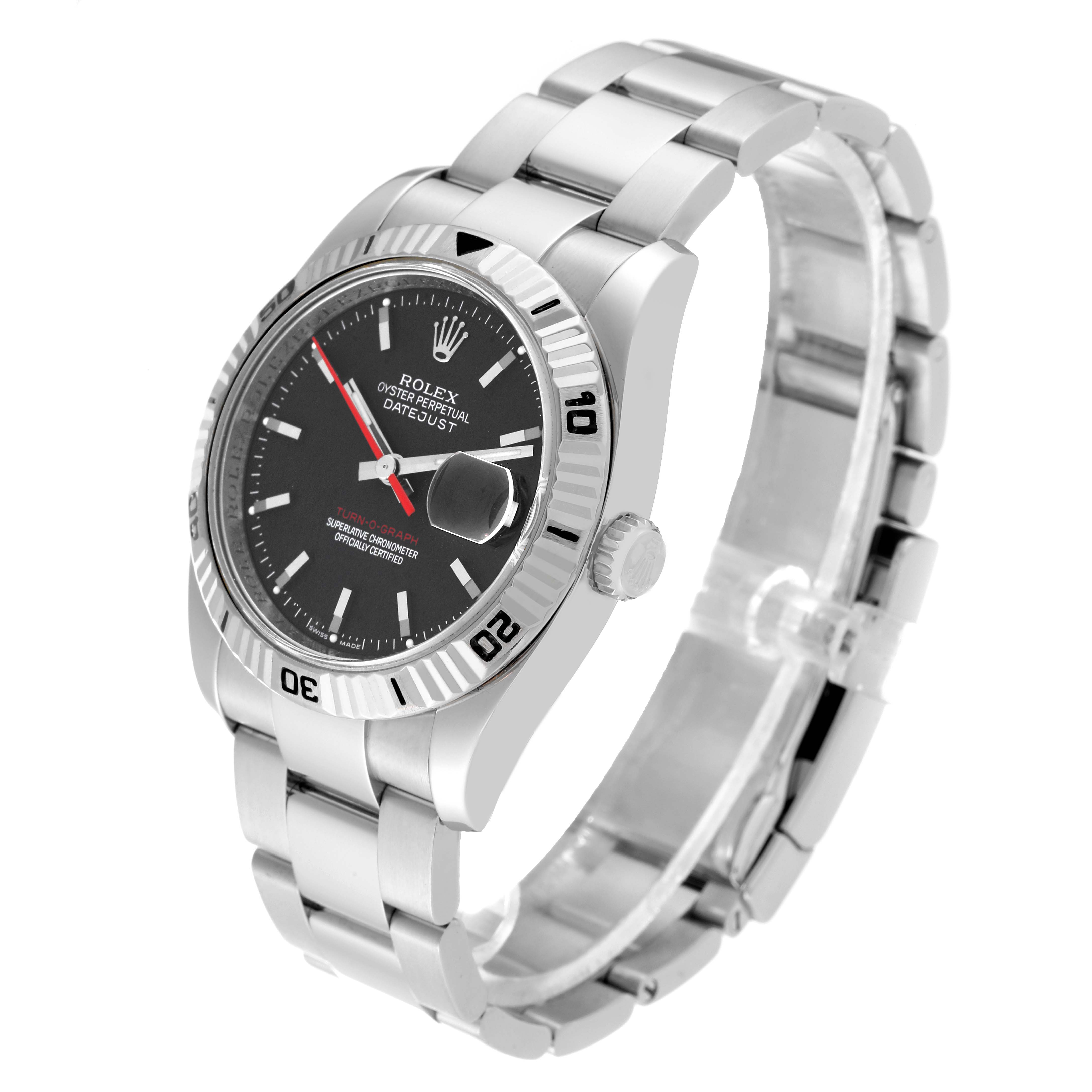 The image shows a Rolex Turn-o-Graph 116264 Men
s Stainless Steel Black Dial 116264 Men
s Stainless Steel Black Dial watch from an angled side view, highlighting the bezel, dial, and bracelet.