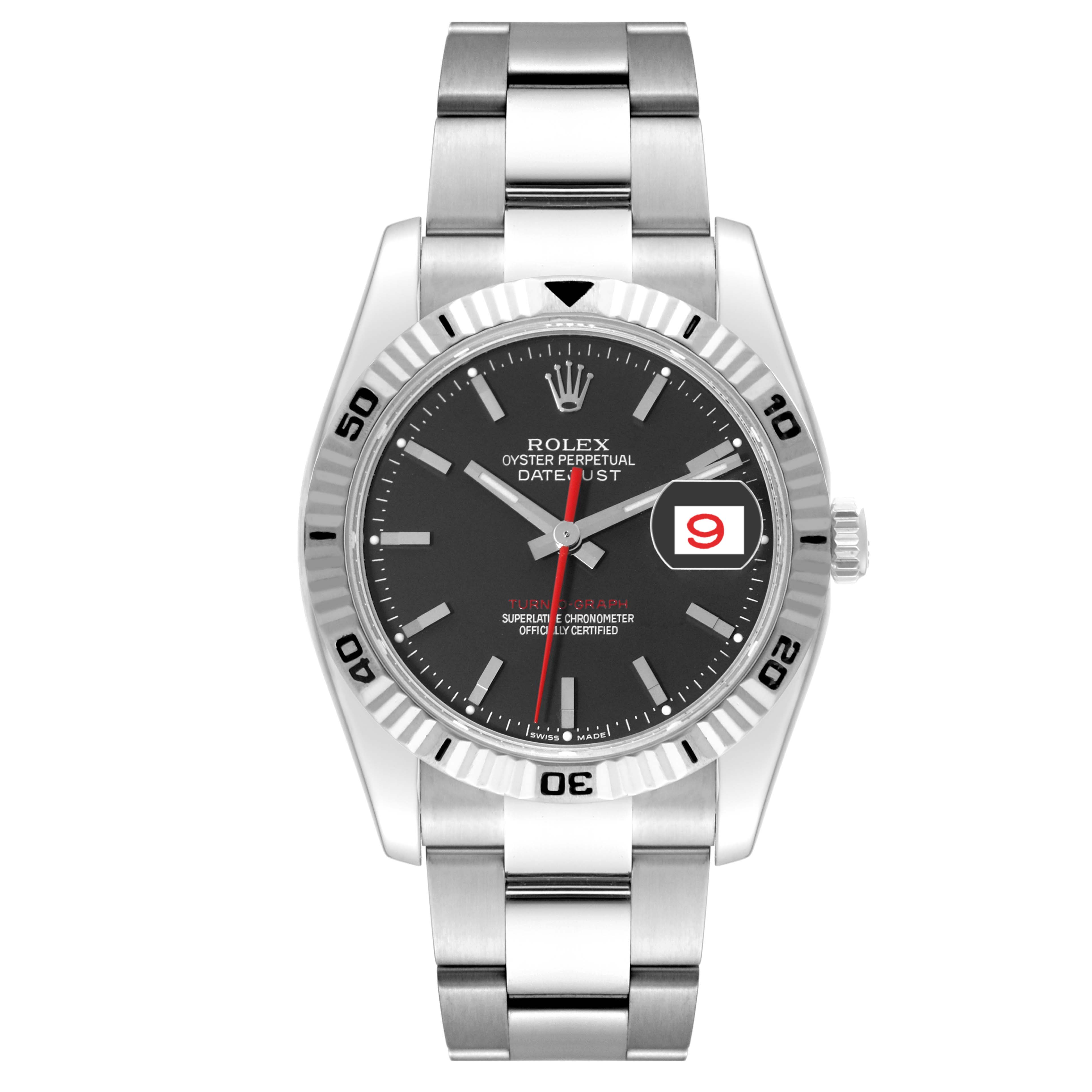 The Turn-o-Graph model by Rolex is shown from the front, displaying the dial, bezel, bracelet, and date window.