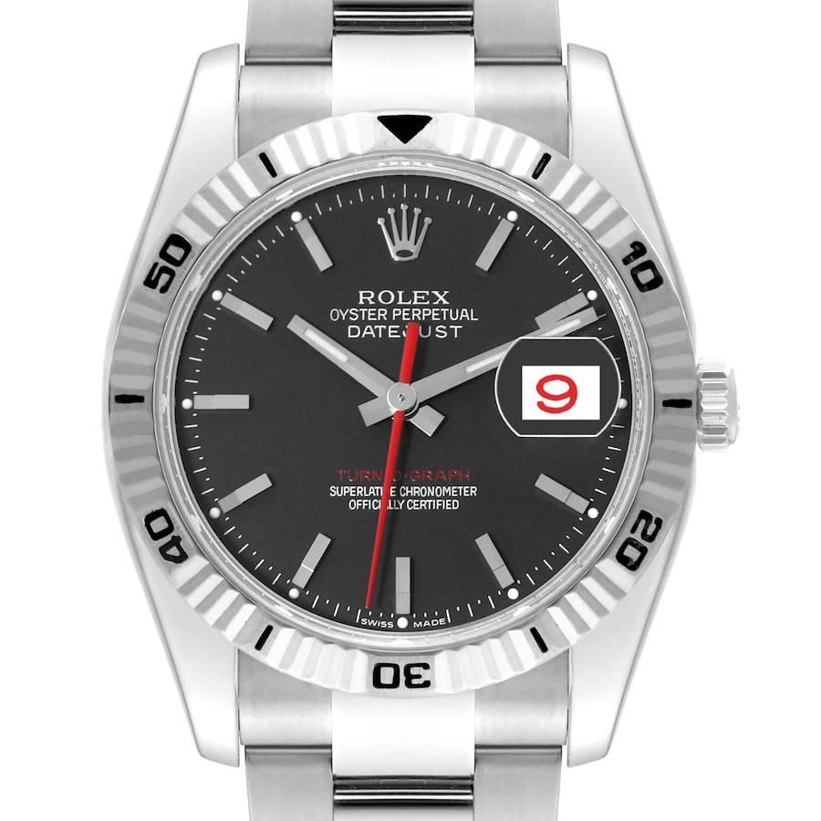 The image shows a front view of a Rolex Turn-o-Graph watch, displaying the bezel, dial, hands, and bracelet.