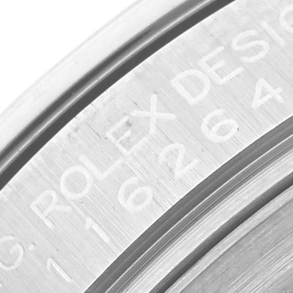 This close-up image shows detailed engravings on the side of the case of a Rolex Turn-o-Graph 116264 Men
s Stainless Steel Black Dial 116264 Men
s Stainless Steel Black Dial watch.