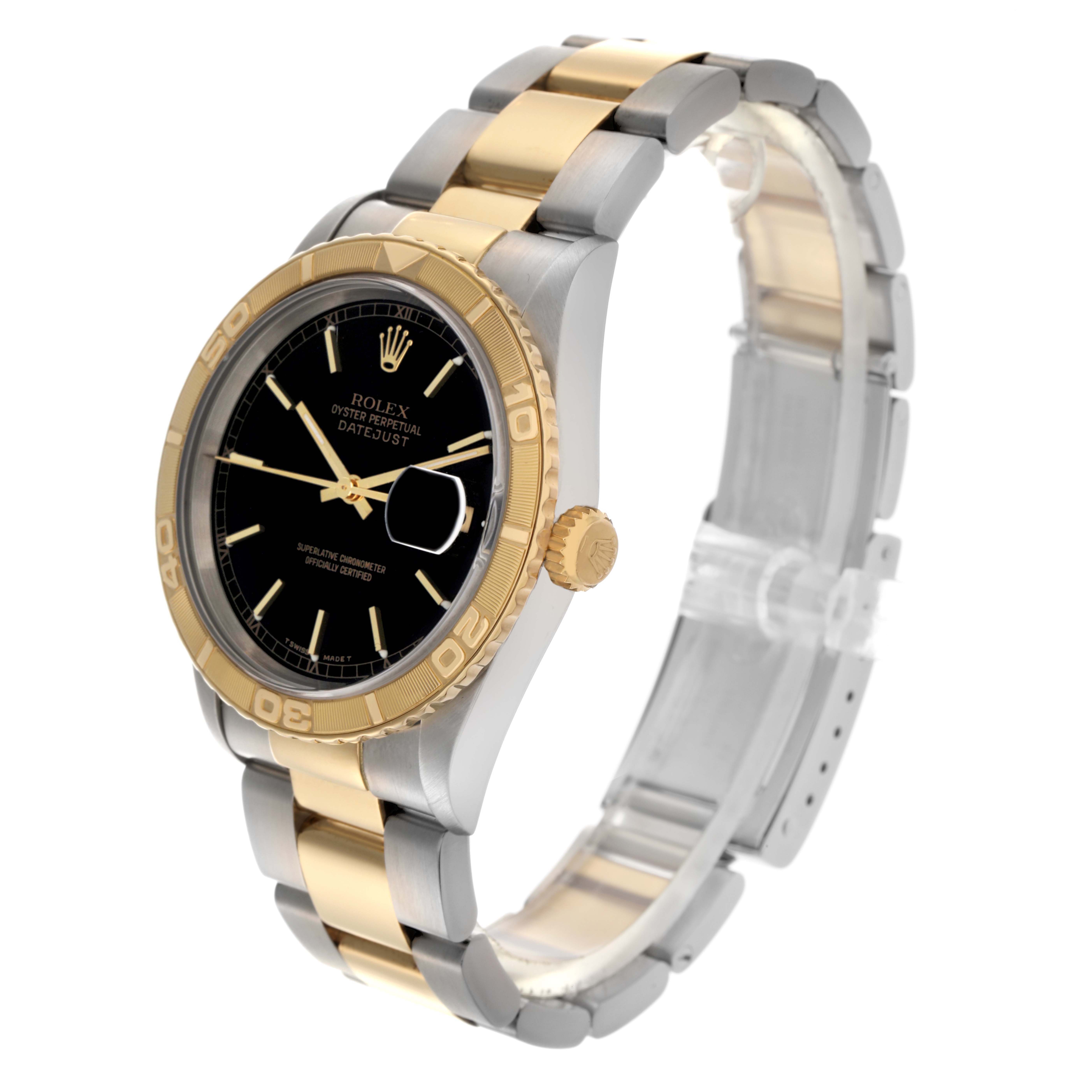 The Rolex Turn-o-Graph 16263 Men
s Steel and Gold (two tone) Black Dial 16263 Men
s Steel and Gold (two tone) Black Dial watch is shown at an angled side view, highlighting the bezel, crown, dial, and two-tone bracelet.