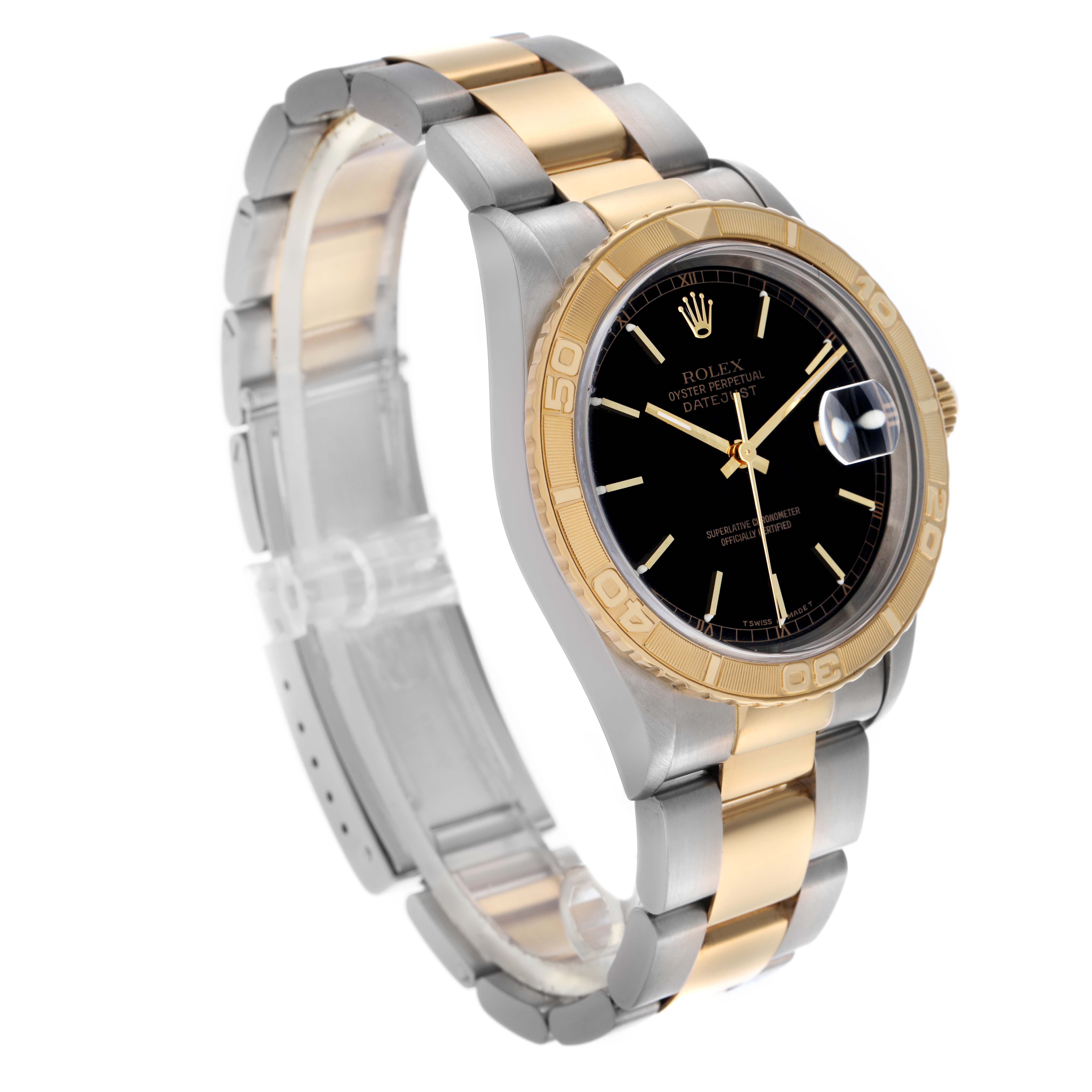 The Rolex Turn-o-Graph 16263 Men
s Steel and Gold (two tone) Black Dial 16263 Men
s Steel and Gold (two tone) Black Dial watch is shown at a three-quarter angle, displaying its two-tone bracelet, black dial, and gold bezel.
