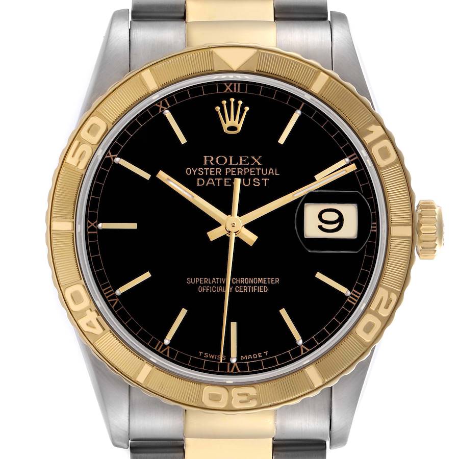 The Rolex Turn-o-Graph is shown from a front angle, highlighting the bezel, dial, hands, date, and part of the bracelet.