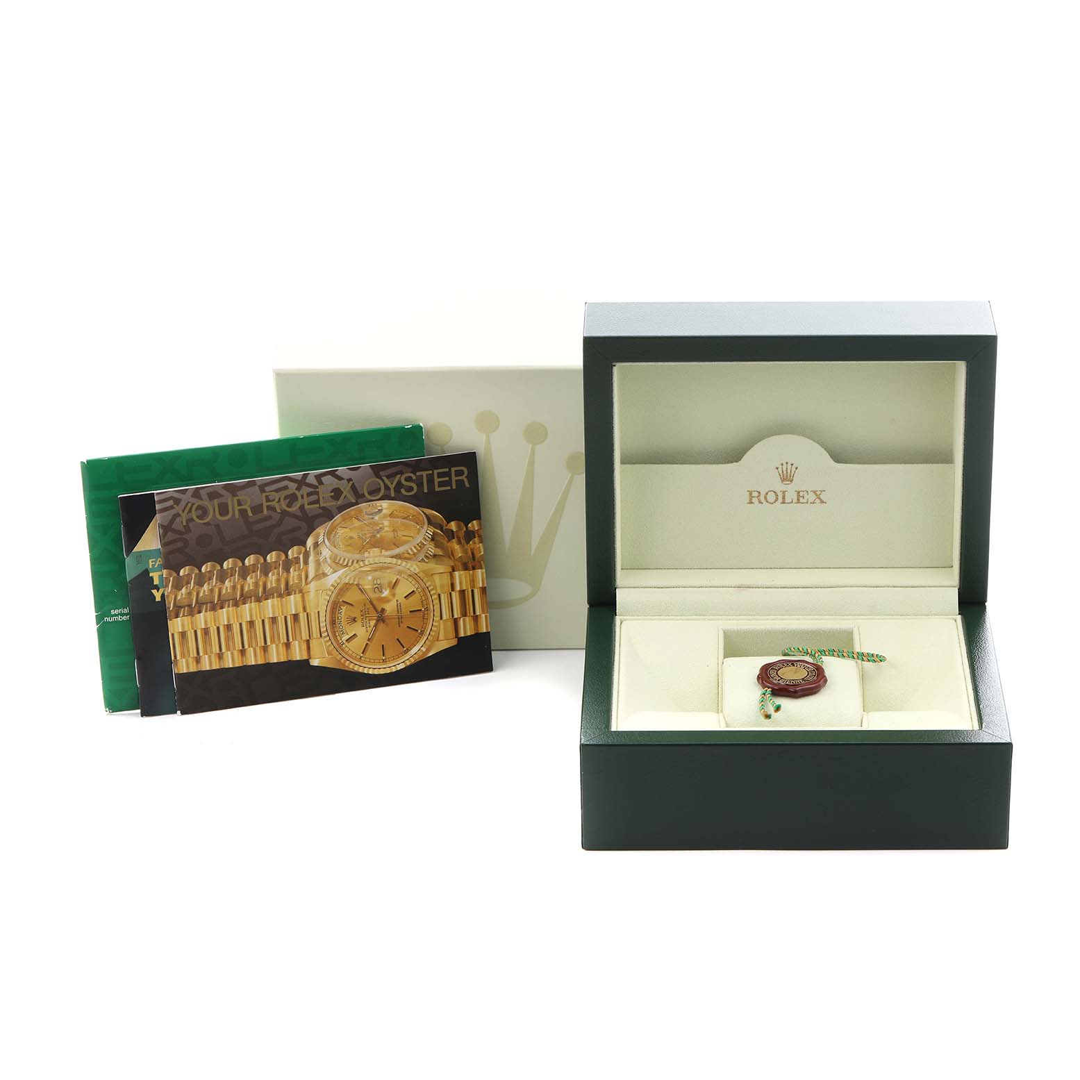 The image shows a Rolex Turn-o-Graph 16263 Men
s Steel and Gold (two tone) Black Dial 16263 Men
s Steel and Gold (two tone) Black Dial watch packaging, featuring an open box, booklets, and a tag inside.