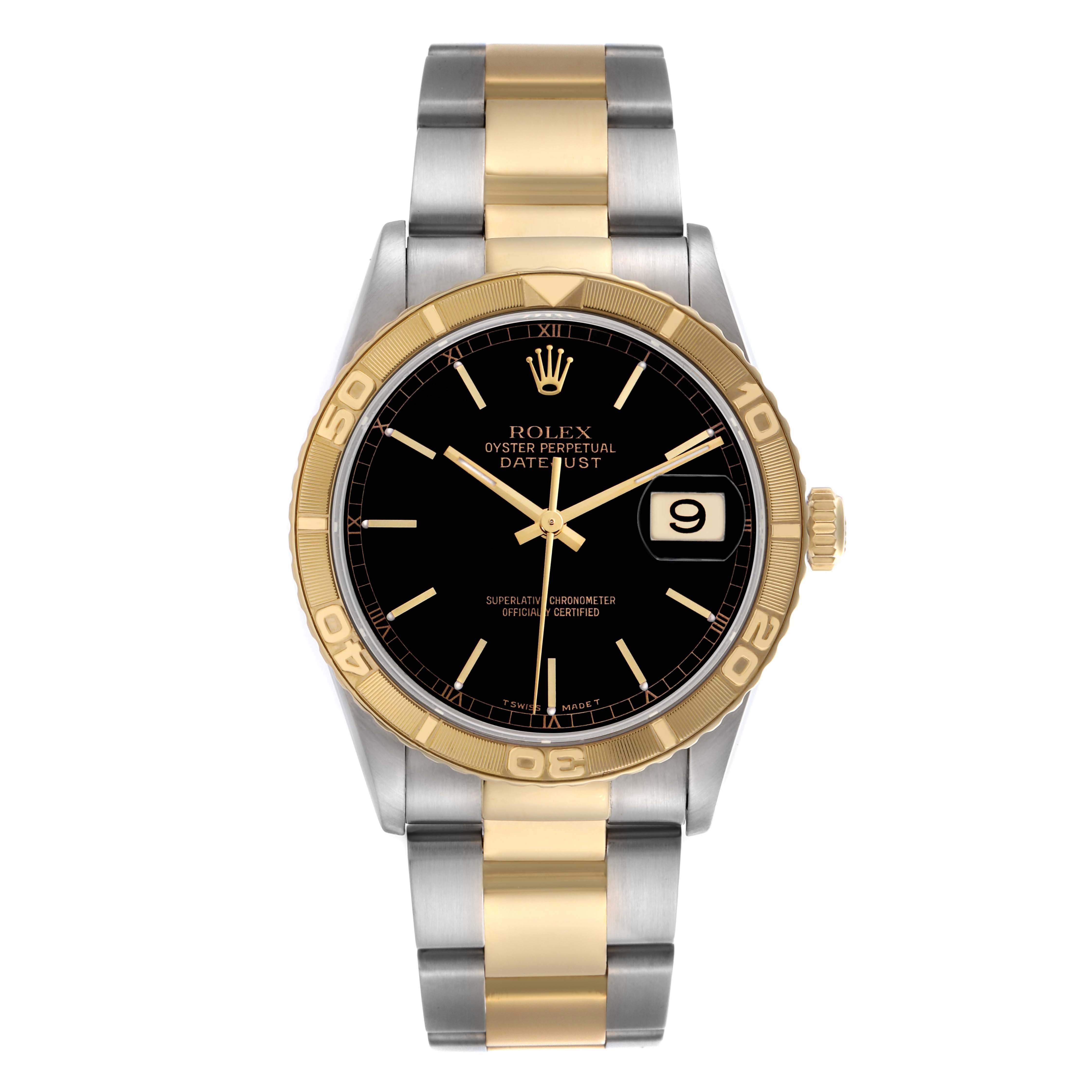 The Rolex Turn-o-Graph 16263 Men
s Steel and Gold (two tone) Black Dial 16263 Men
s Steel and Gold (two tone) Black Dial watch is shown from the front, featuring its bezel, dial, bracelet, and crown.