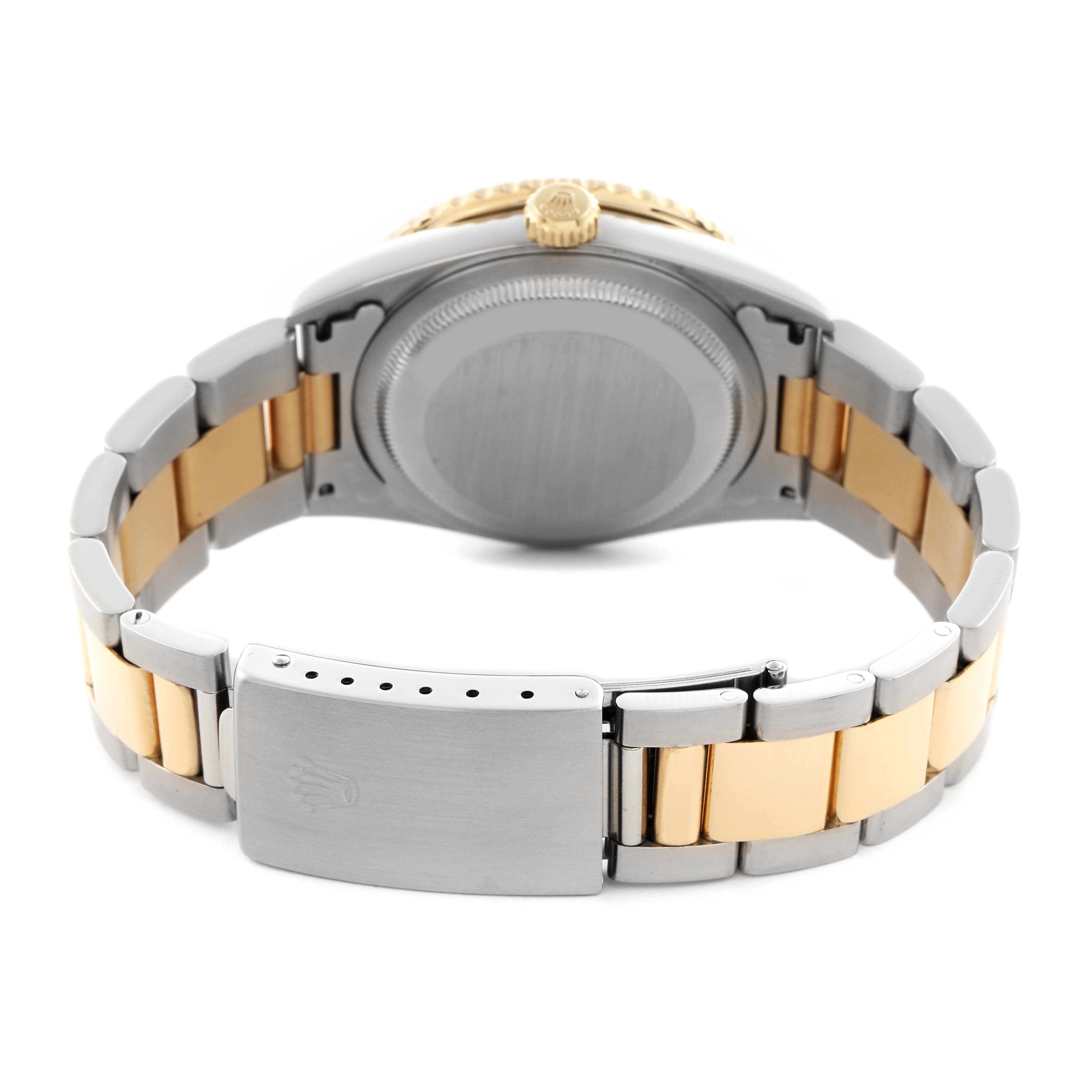 The image shows the back and bracelet of a Rolex Turn-o-Graph 16263 Men
s Steel and Gold (two tone) Black Dial 16263 Men
s Steel and Gold (two tone) Black Dial, highlighting the clasp, links, and case back.