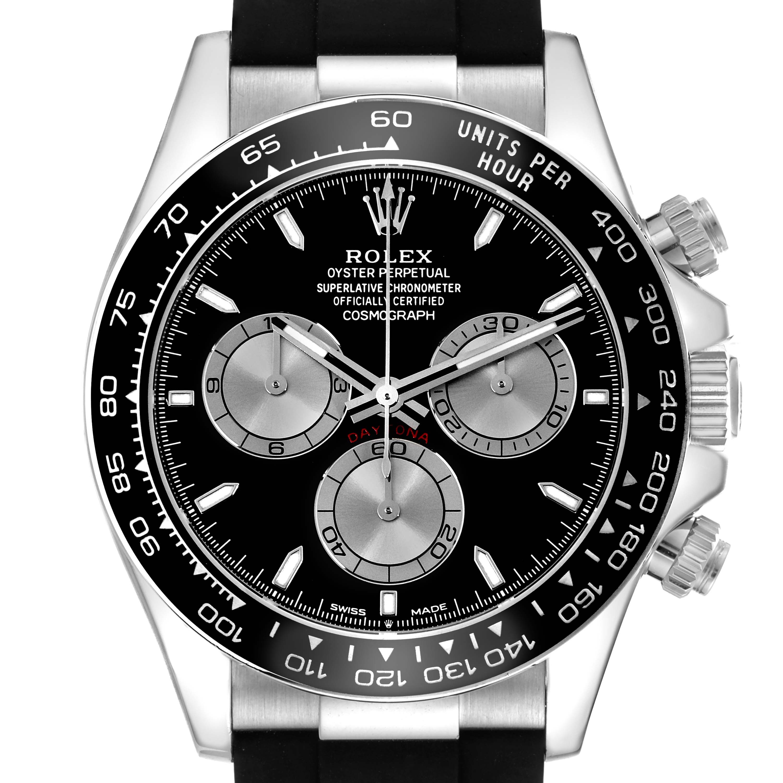 The Rolex Daytona 126519 Men
s White Gold Black Dial 126519 Men
s White Gold Black Dial watch is shown from the front, highlighting the bezel, dial, sub-dials, hands, and pushers.