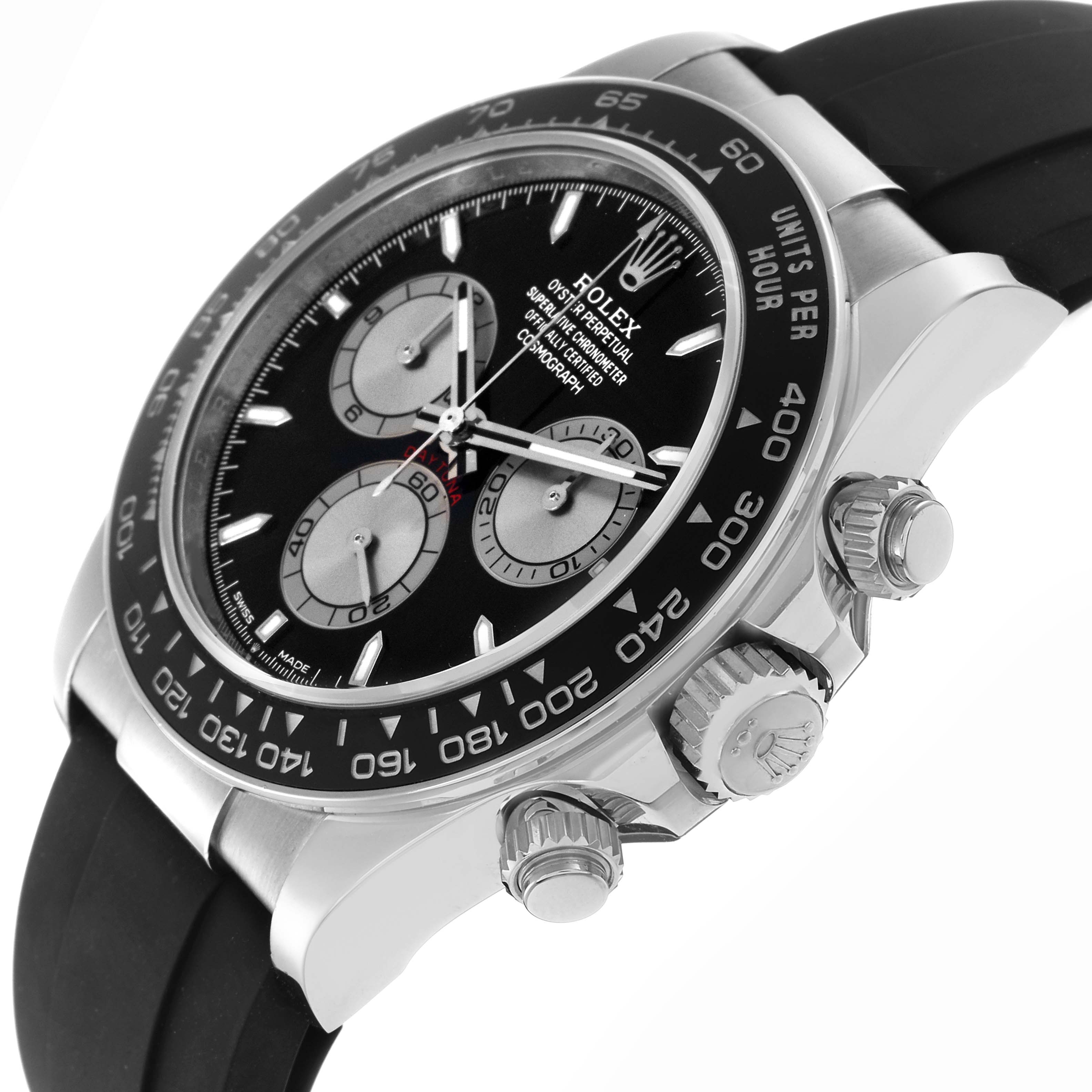 The Rolex Daytona 126519 Men
s White Gold Black Dial 126519 Men
s White Gold Black Dial watch is shown from a side angle, highlighting the bezel, crown, pushers, and black dial with sub-dials.