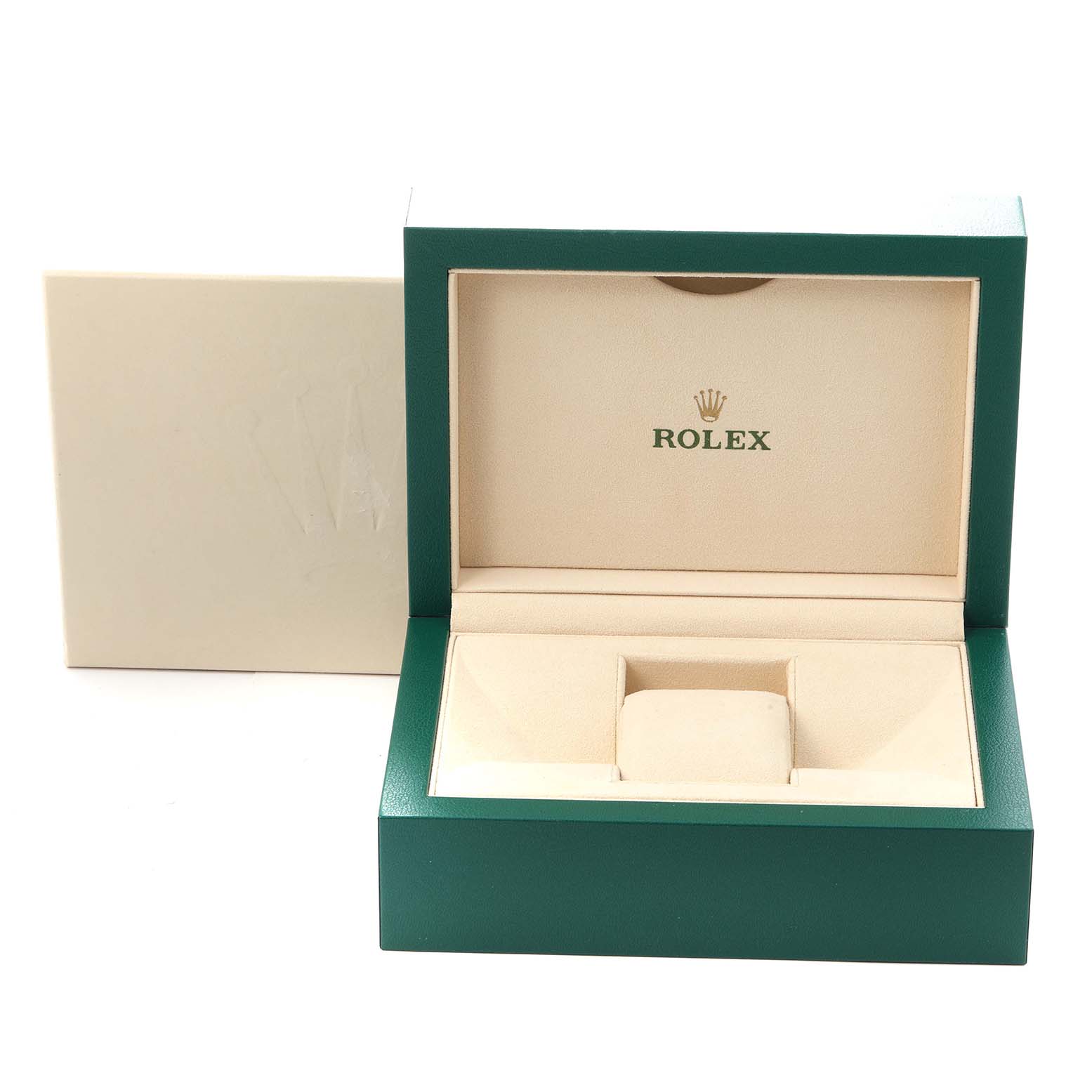 The image shows an open Rolex Daytona 126519 Men
s White Gold Black Dial 126519 Men
s White Gold Black Dial watch box at a slight angle, displaying the interior with the Rolex logo.