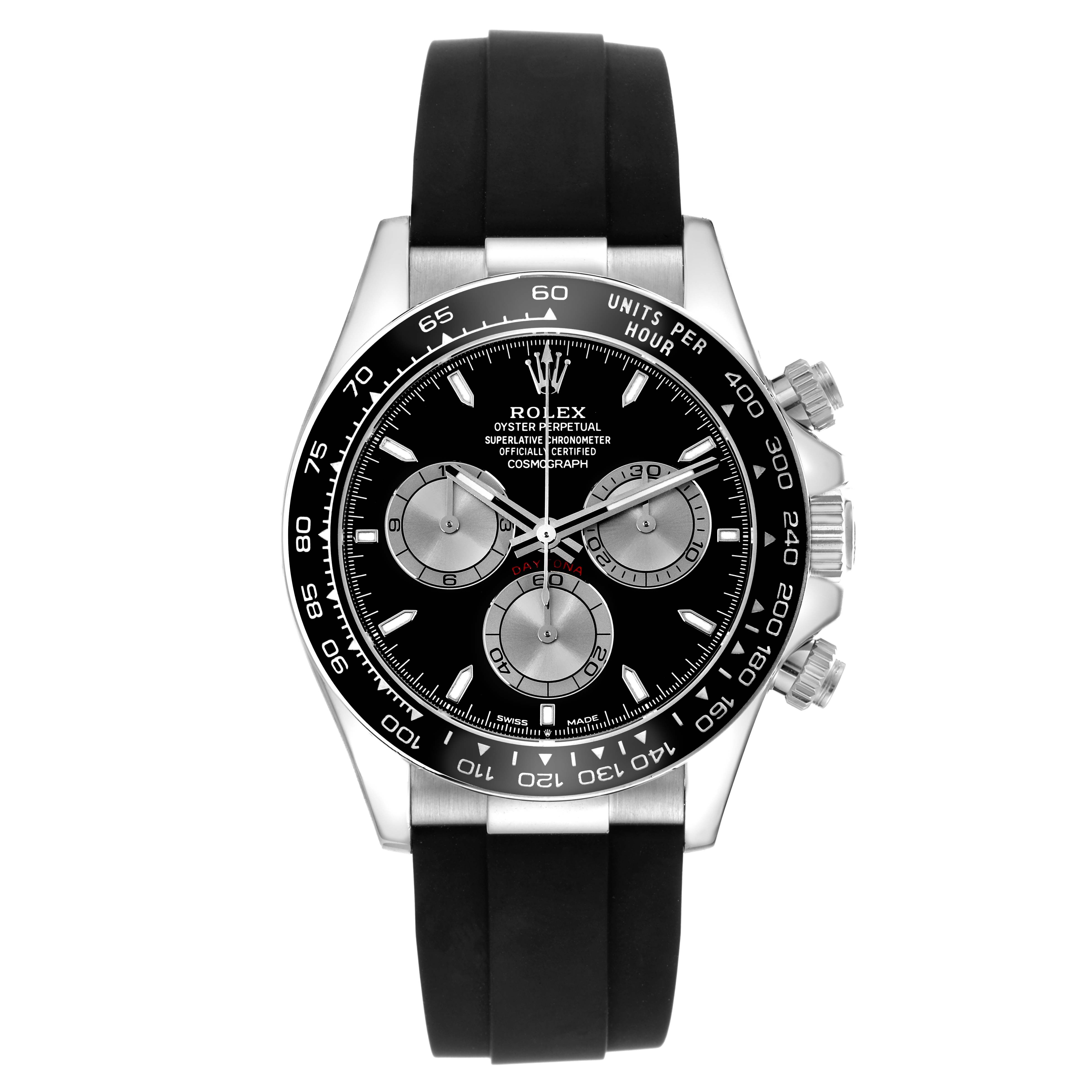 The image shows a frontal view of the Rolex Daytona 126519 Men
s White Gold Black Dial 126519 Men
s White Gold Black Dial watch, highlighting the dial, bezel, pushers, and strap.